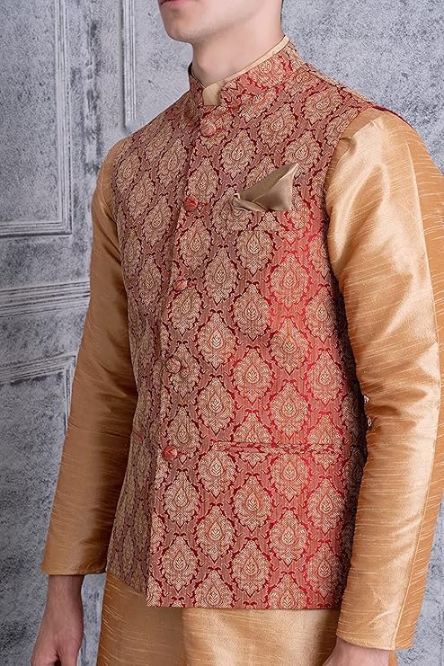 Image of Uri and MacKenzie Men's Silk Blend Kurta Churidar Pyjama with Stylish Nehru Jacket