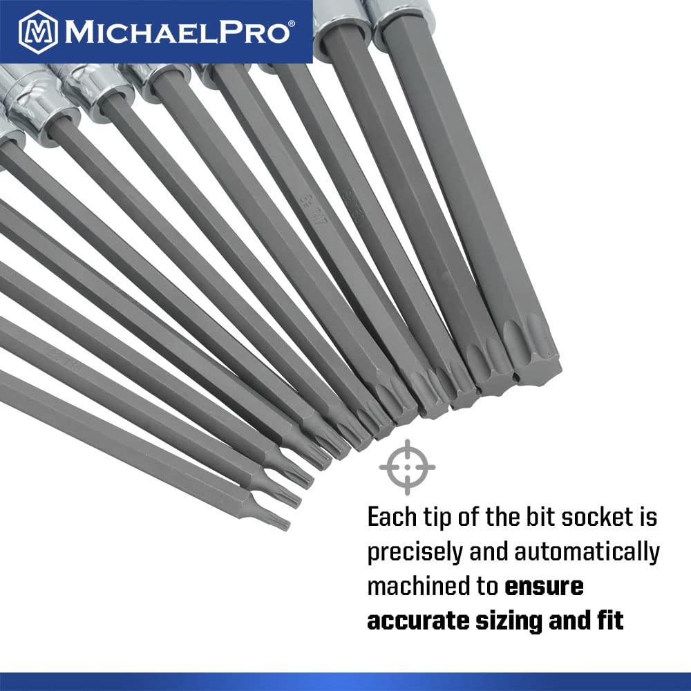 MichaelPro MP012019 Torx Bit Socket Set, 12pc 3/8" Drive Extra Long Torx Bit Set, T10-T60, Star Socket Set, Storage Case - Image 4