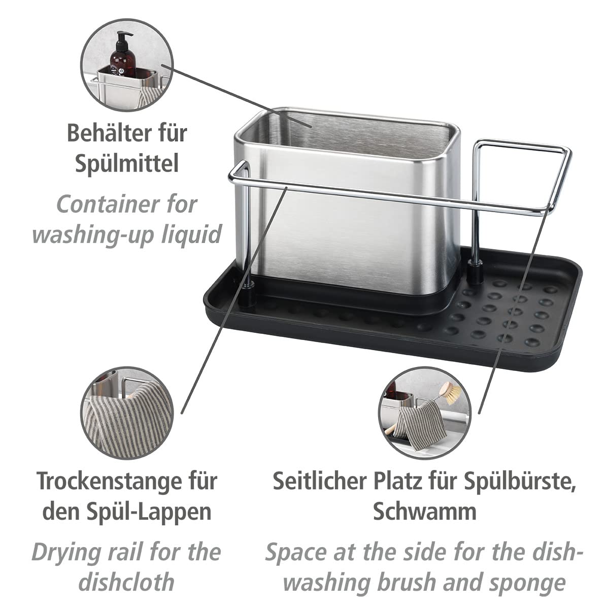 WENKO Mutfak Lavabo Düzenleyici, Süngerlik, Lavabo Bulaşık Pedi Tutucu, Mutfak Aksesuarları, Lavabo Tutucu, Mutfak Düzenleyiciler, Paslanmaz Çelikten Üretilmiştir, 21 x 10,5 x 12 cm