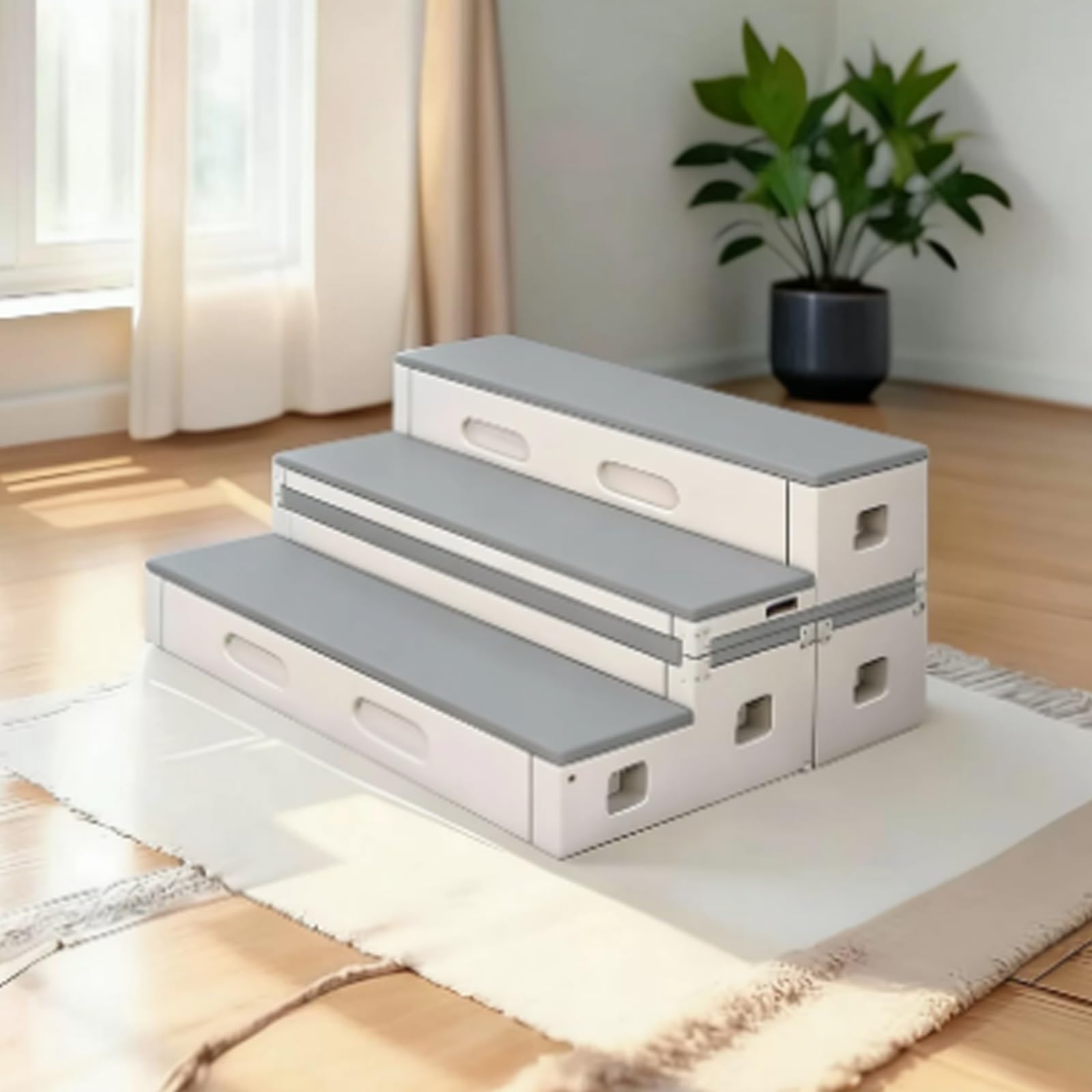 New Mobile Flip-Folding Steps, School Music Classroom Three-Tier Dance,Foldable Movable Staircase Step Risers,PE Plastic Choir Stage(Light Gray)