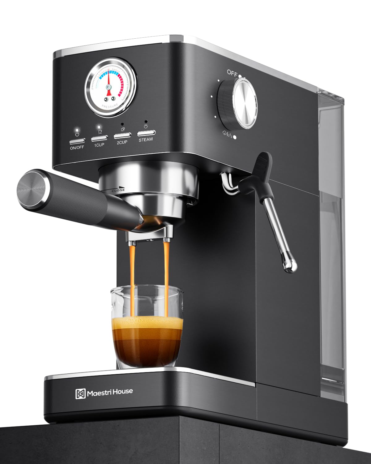 Maestri House Espresso Machines, 20 Bar ULKA Pump, Compact Espresso Maker Built-in Flow Meter Steam Milk Frother, Stainless Steel Coffee Machine for Cappuccino, Latte, Black