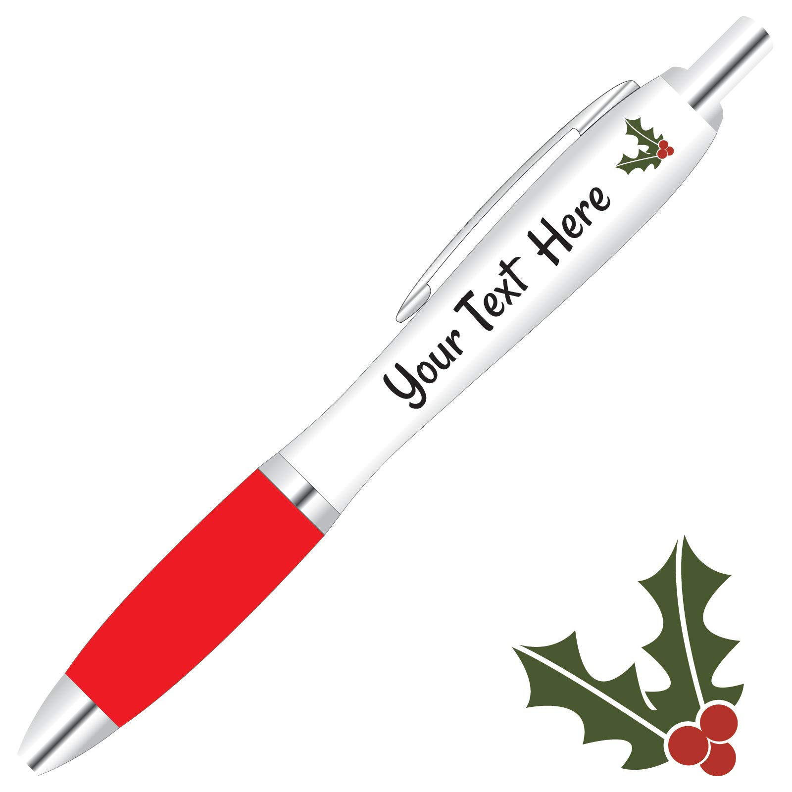 Full Colour Printed Personalised Christmas Pens *Qty - 80* - RED Pen Grips *Holly Design*