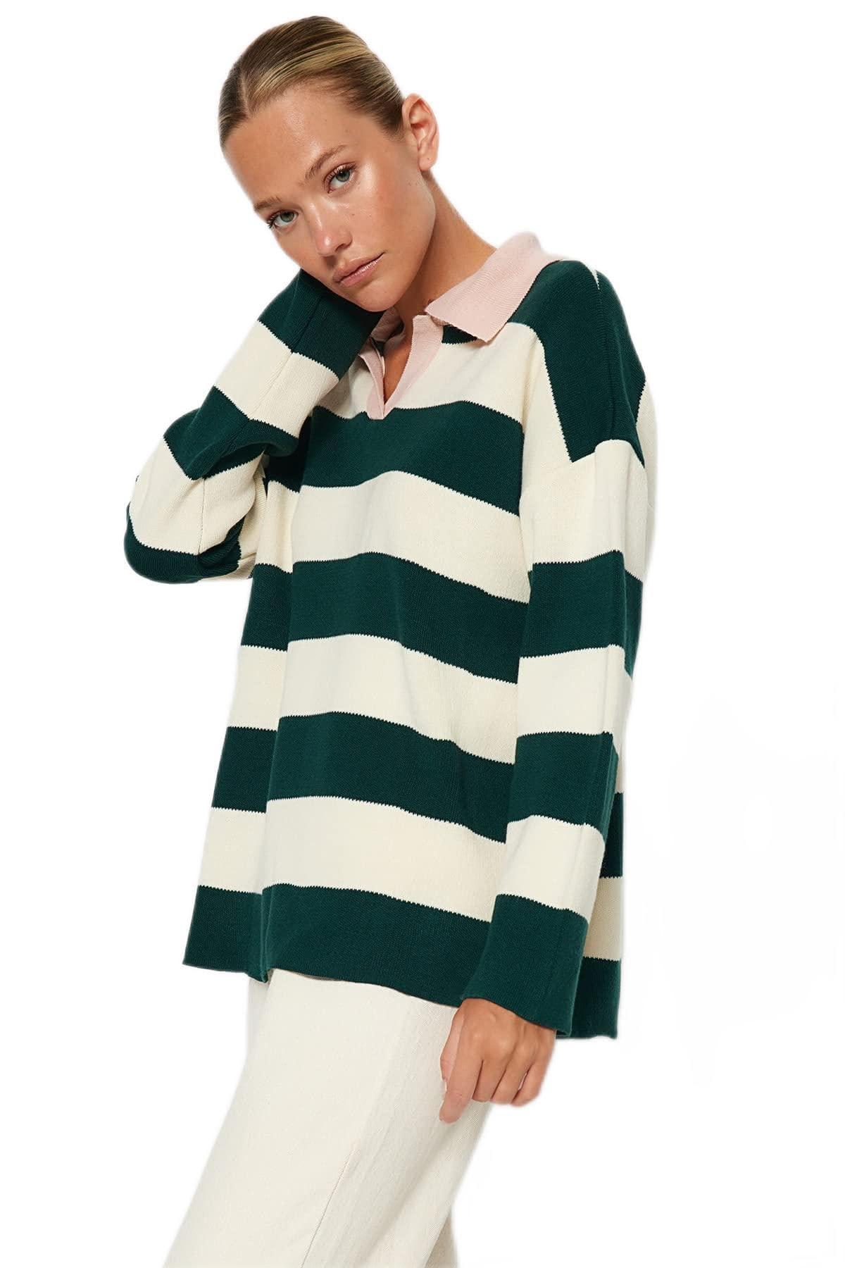 Trendyol FeMan Oversize Basic Polo Neck Knitwear Sweater,Khaki,M