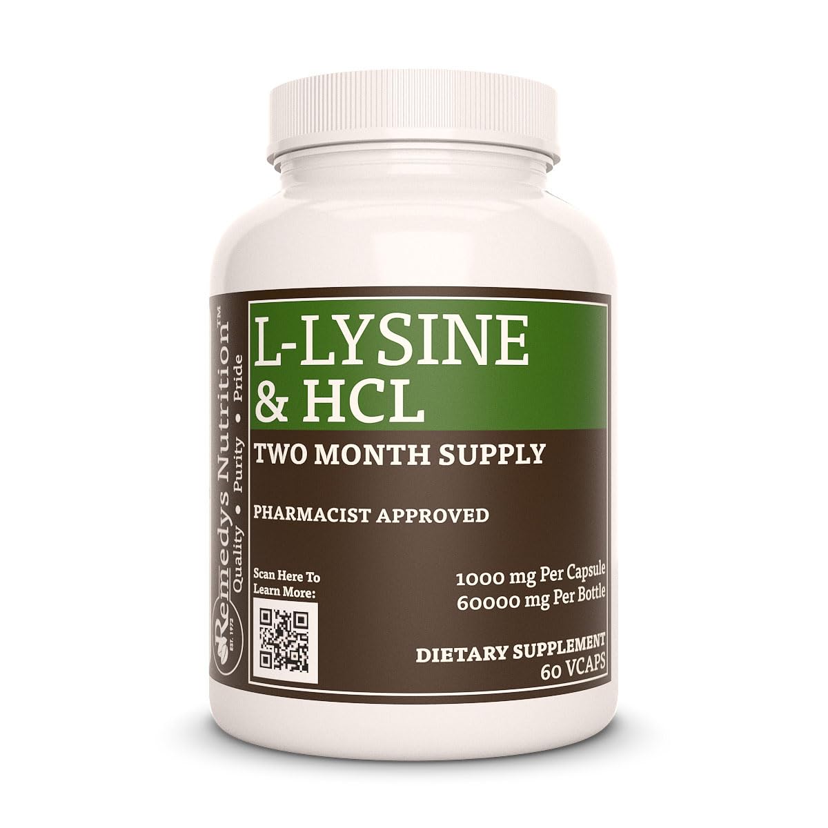 L-lisina HCL de Remedy's Nutrition | Suplemento dietético de aminoácidos (1000 mg, 60 cápsulas veganas) | Suministro para dos meses