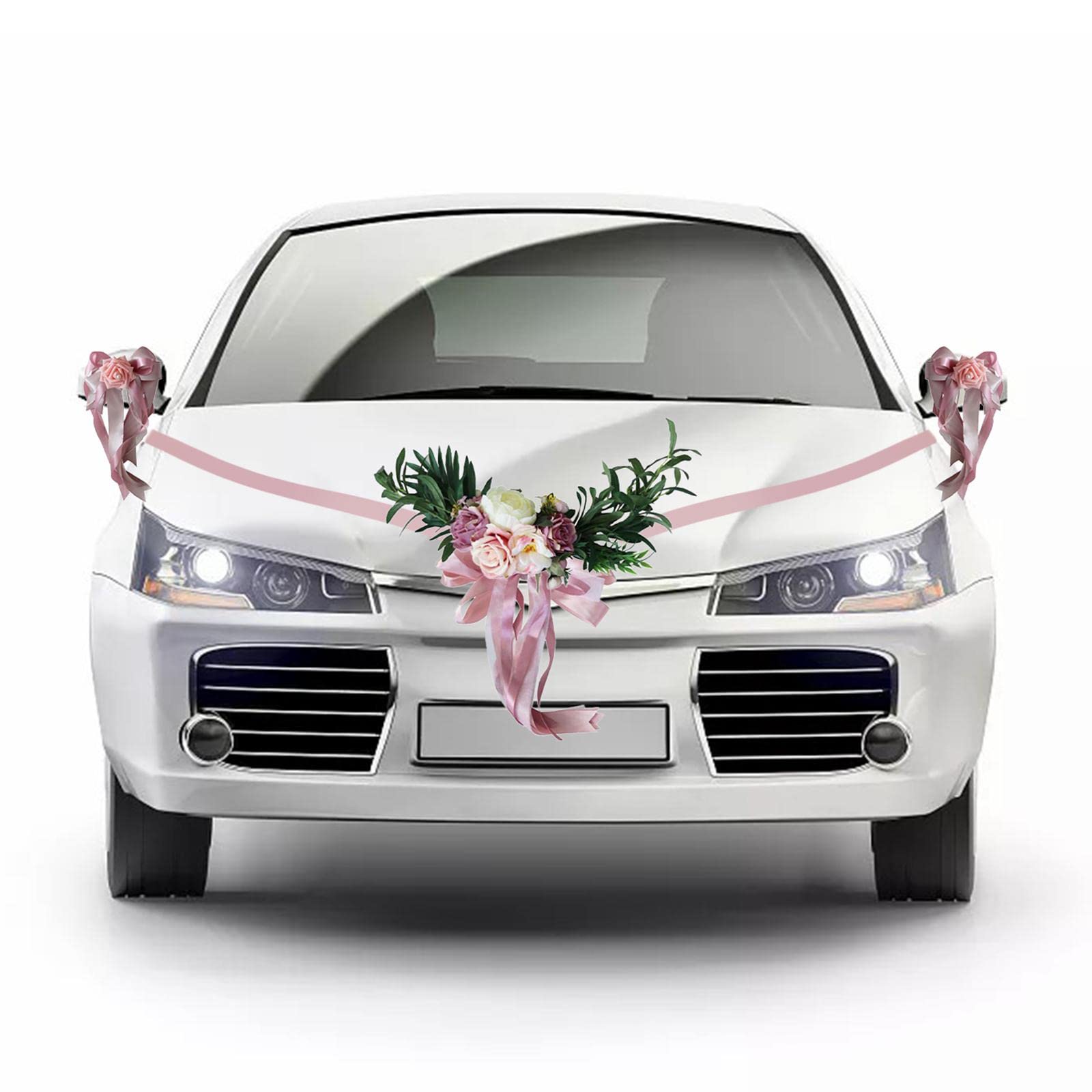 9 Stück Hochzeit Auto Dekorationen Set aus Künstlichen Blumen Schleifen Polyesterband Und Blumenteller für Festliche Autodekoration für