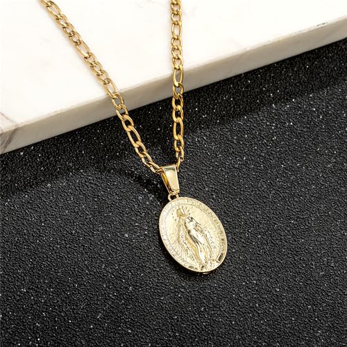 14K Gold Plated Oval Guadalupe Virgin Mary Pendant Necklace for Women Men, 3mm Flat Figaro Stainless Steel Chain Necklaces4