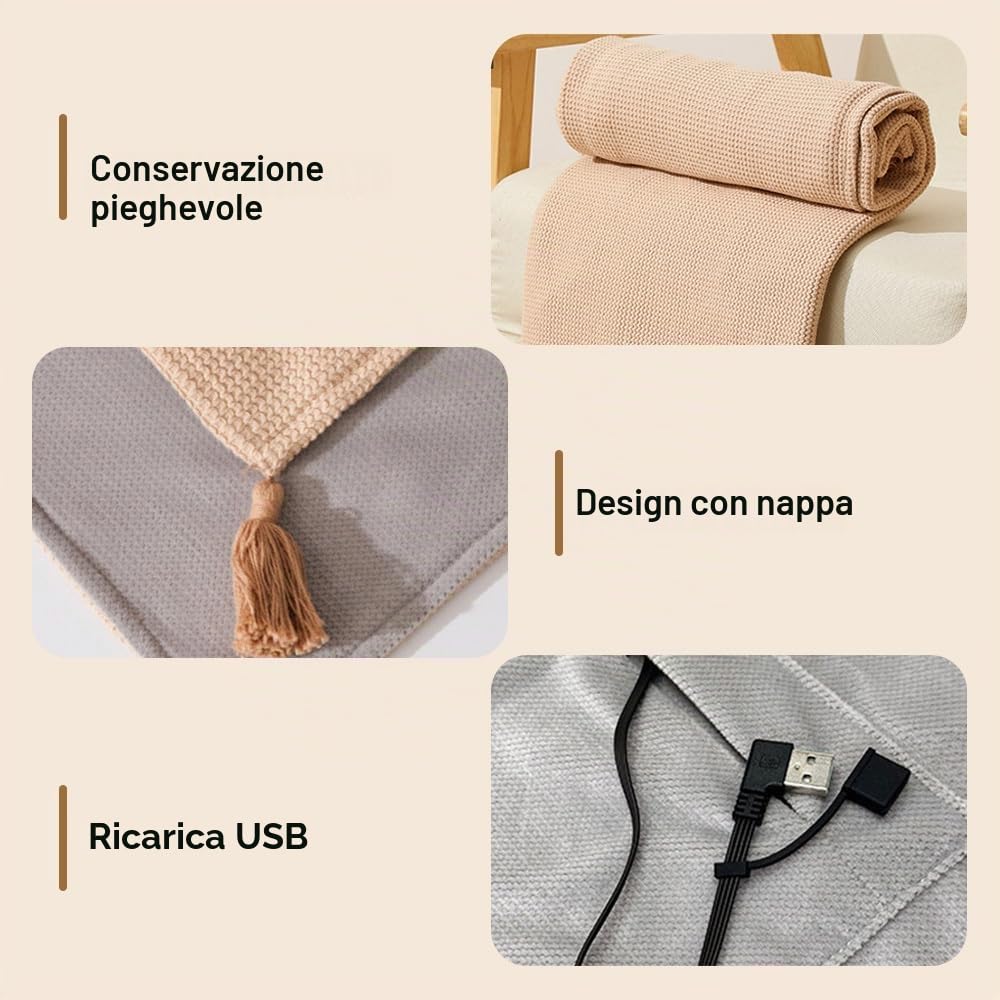 Coperta Riscaldata Portatile, Scialle Riscaldato da 59 x 27,5 Pollici con 3 Impostazioni di Temperatura, USB Coperte Termica per Casa, Viaggio, Ufficio, Pieghevole Morbida Coperta Elettrica