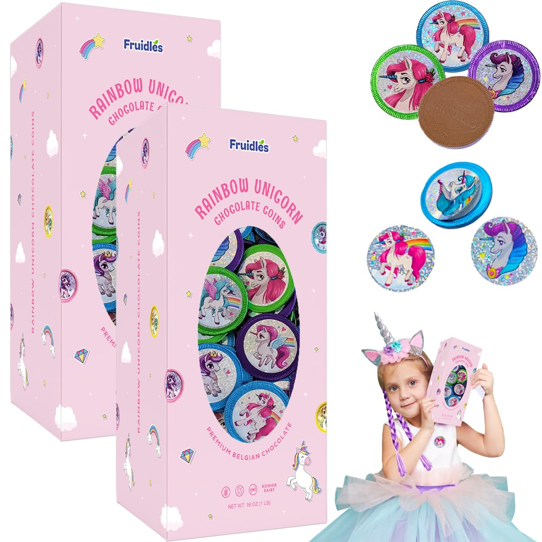 Fruidles Rainbow Unicorn Chocolate Coins with Stickers, Milk Chocolate Coins in Foil, Chocolates for Kids, Oud Kosher (2-Pack)
