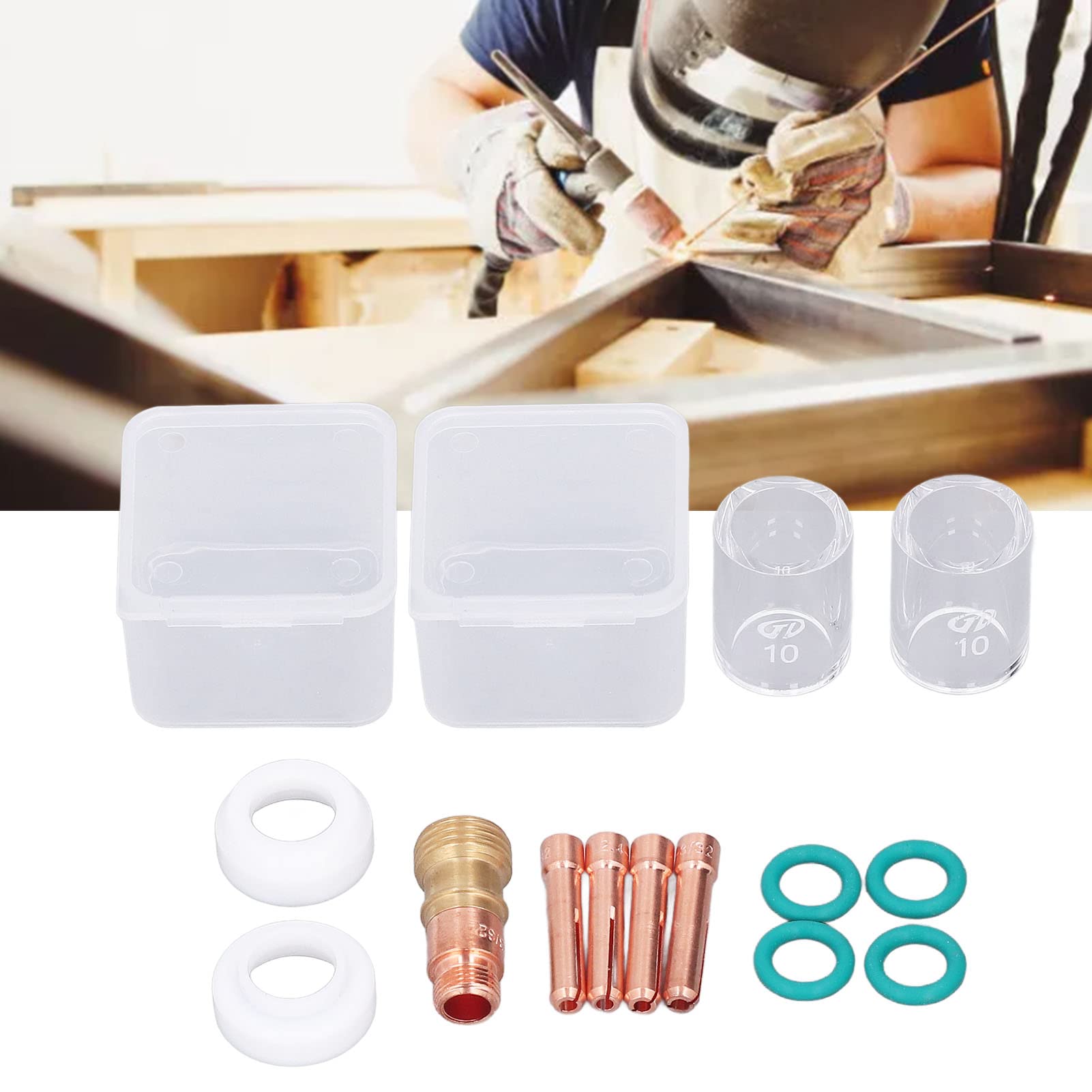 TIG Welding Accessories Set, TIG Cups, Glass Cup Connector, Electrode Clamp, PTFE Front Cover, 13Pcs for WP 17 18 26 TIG Torch