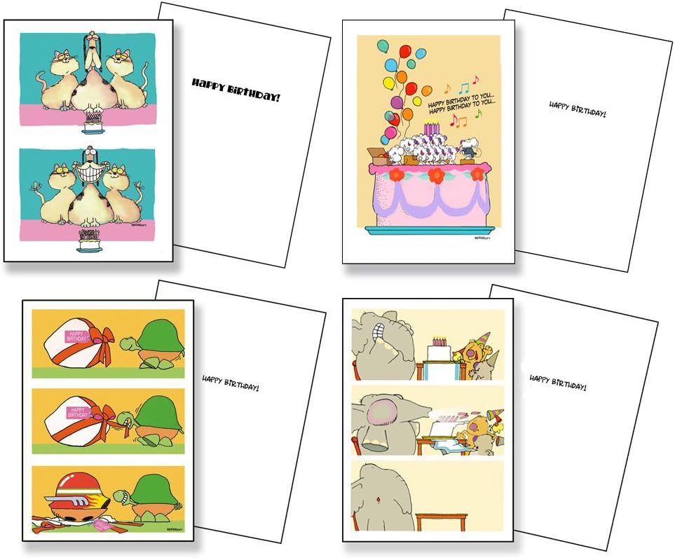 Cute Assorted Kids Birthday Card Pack - Set of 12 Cards & Envelopes - Funny Birthday Cards