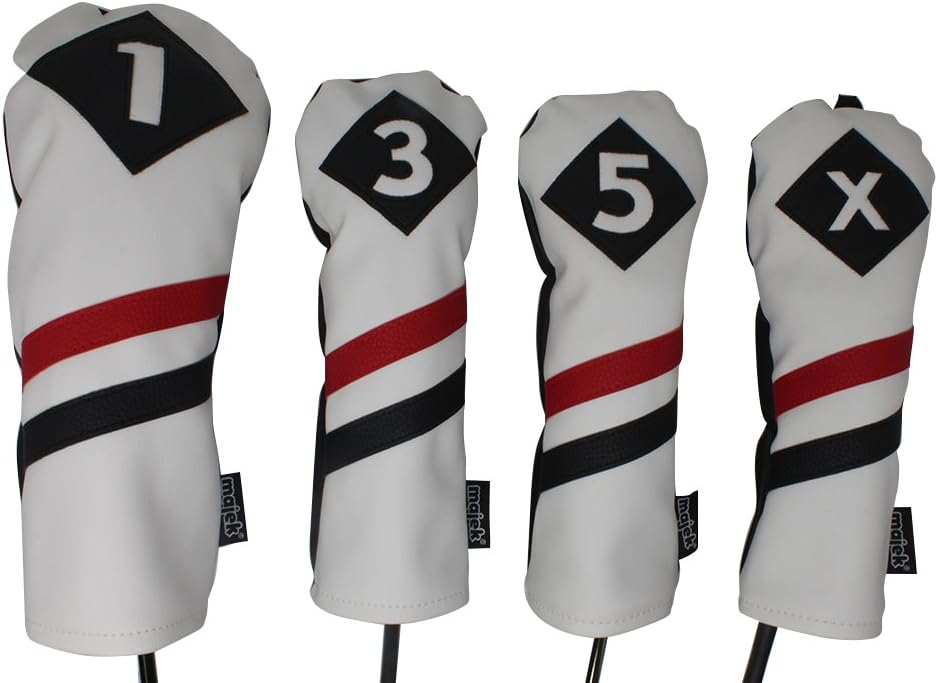 MajekRetro Golf Headcovers White Red and Black Vintage Leather Style 1 3 5 X Driver Fairway and Hybrid Head Covers Fits 460cc Drivers Classic Look