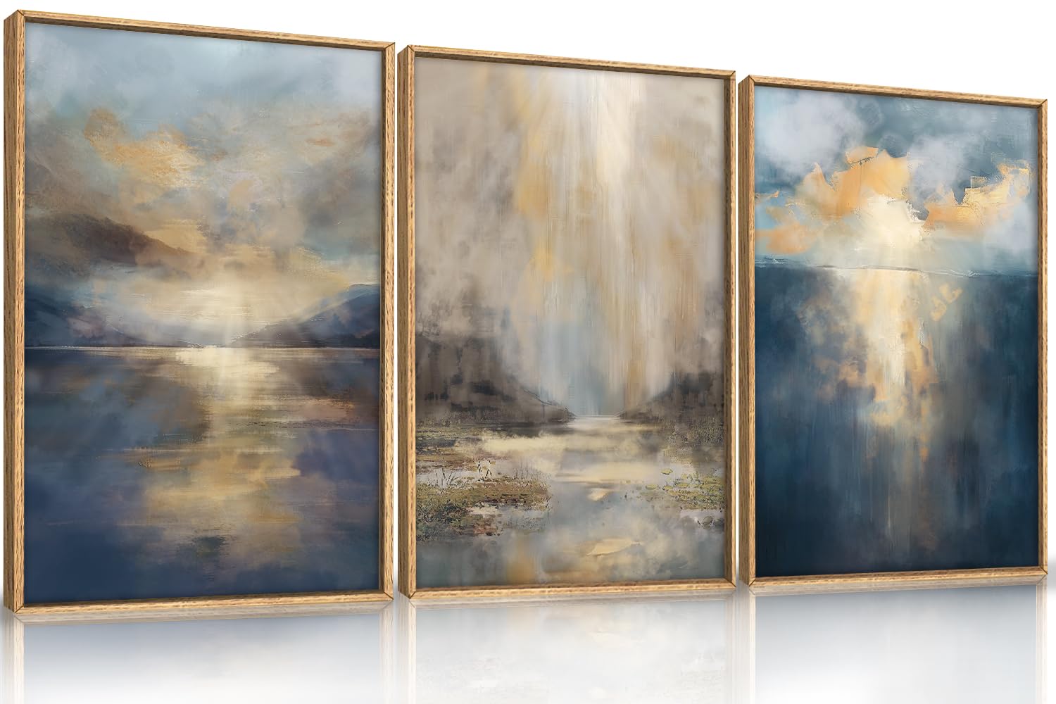 CHDITB Sky Reflection Framed Canvas Print Wall Art Set, Nature Mountain Wall Art for Living Room, Sky lake Wall Decor, Blue Cloud Sky Ocean Wall Painting, Modern Landscape Art Prints for Bedroom, Office Decor Large Size 16"x24"x3