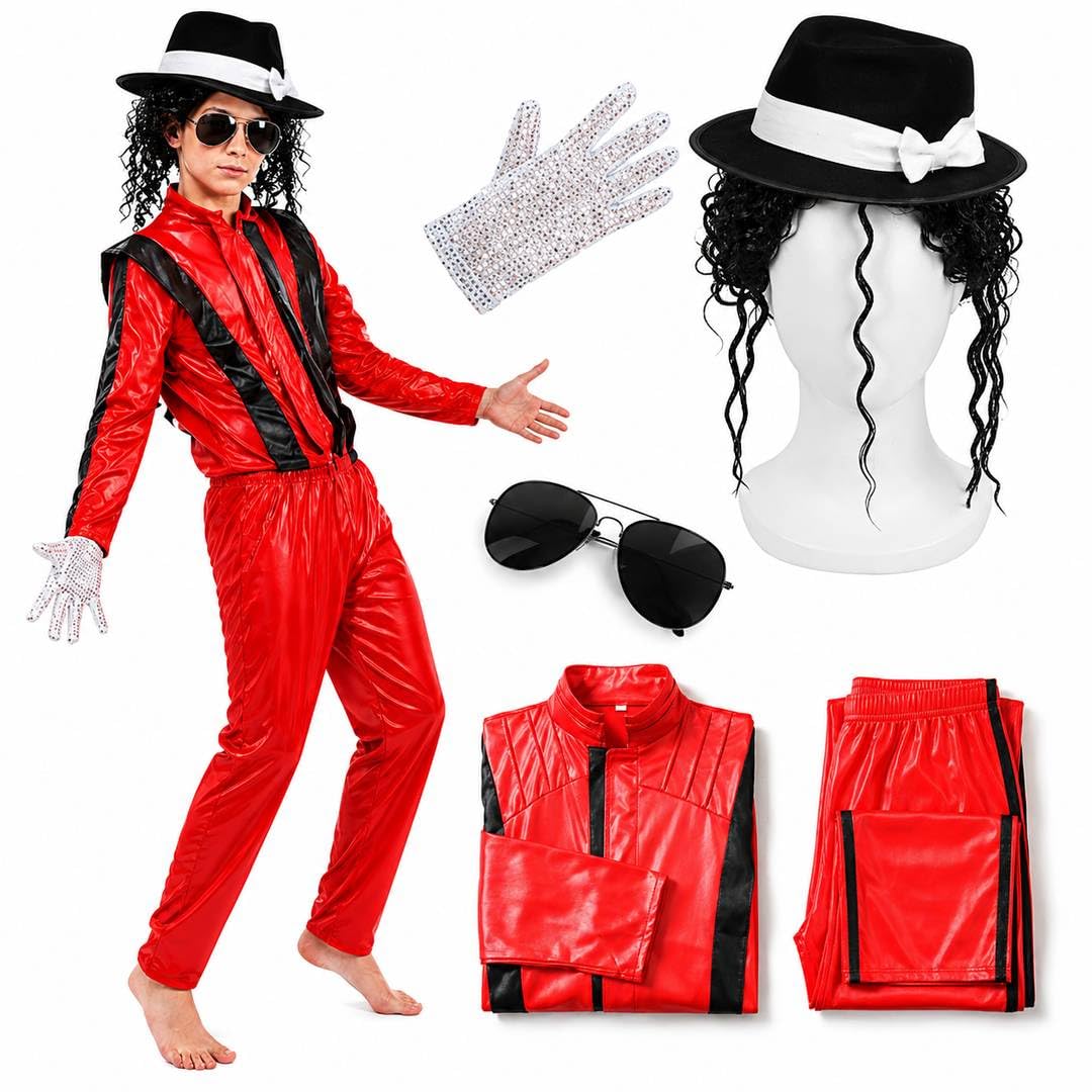 Costume da re del pop, per bambini, con giacca, guanti, parrucca e cappello