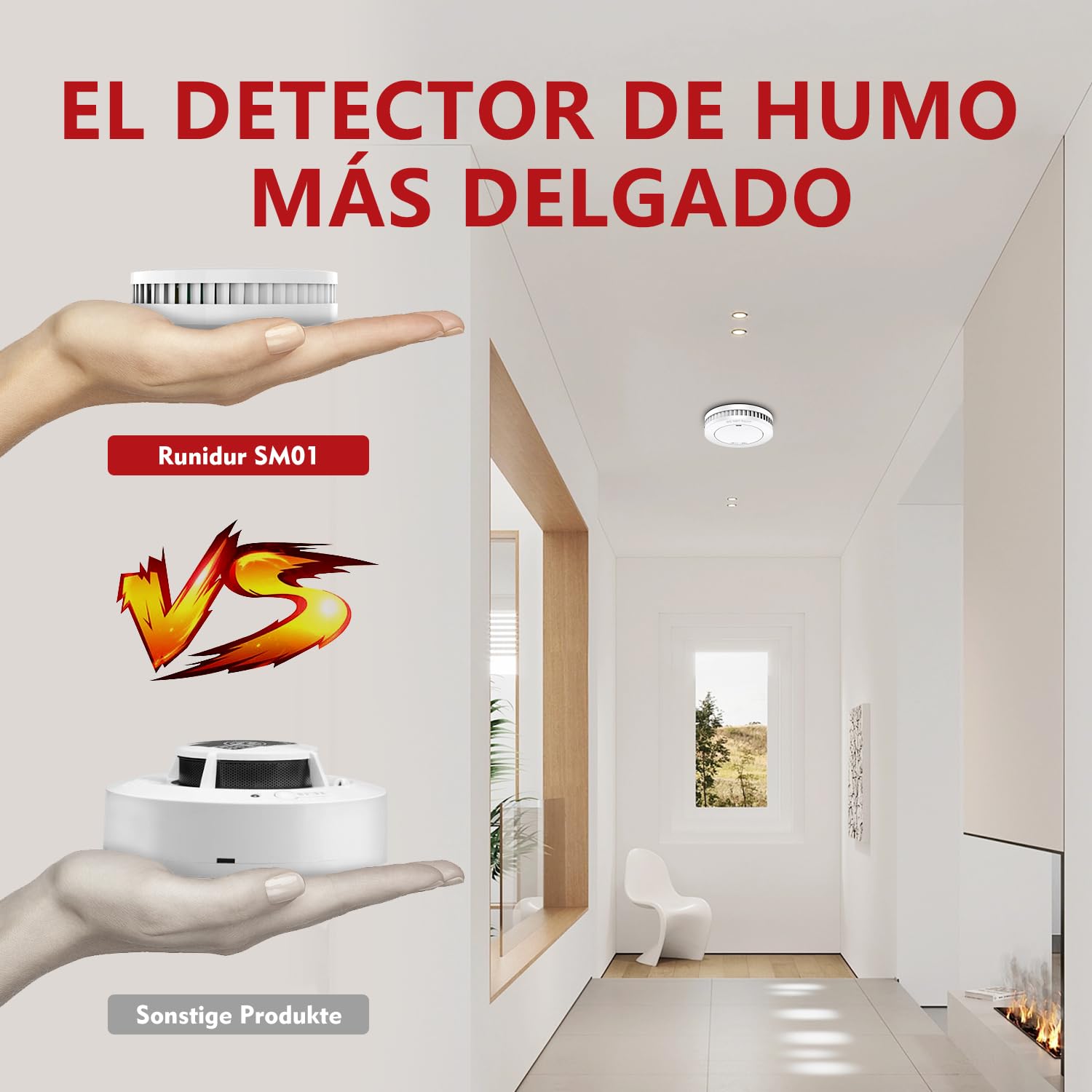 RUNIDUR Mini Detector De Humo Set Batería de 10 Años, Detector de Incendios sin Falsas Alarmas, Detector de Incendios Plano para Pegar sin Taladrar, Blanco, 12 Piezas