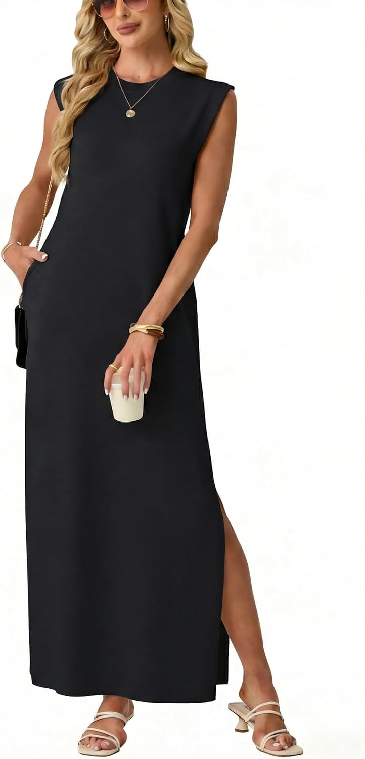 GRECERELLE Womens Spring Summer Casual Round Neck Cap Sleeve Travel Essential Maxi Dress with Pockets (Black, Small)