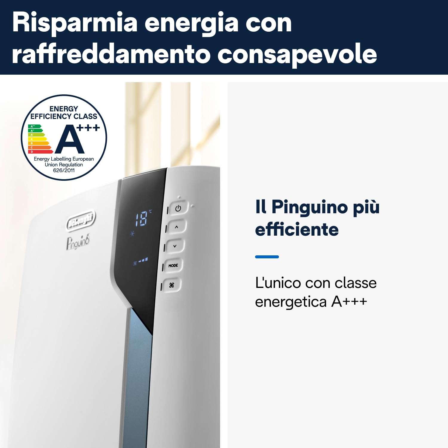 De'Longhi Pinguino PAC EX105 - Condizionatore portatile con tecnologia EcoRealFeel, 10.000 BTU/h, per ambienti fino a 100 m³, funzione di deumidificazione e ventilazione, timer 24 ore, classe di