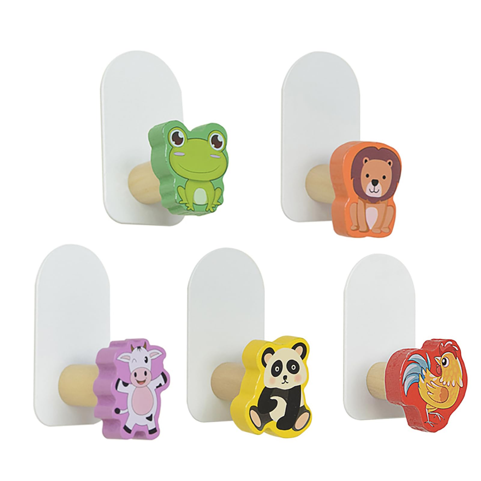 MORETATA 5Pcs Self-Adhesive Kids Coat Hooks, Animal Towel Hooks Wooden Sticky Clothes Hook, Wall Mounted Children's Coat Hooks for Towel, Clothes,Backpacks and Hats(Animal)