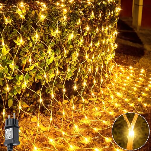 MOLVCE 3x3M 272 leds Lichternetz Außen mit Stecker 9 Modi Lichtvorhang mit Timer und Speicherfunktion IP44 Wasserdichtes Erweiterbar Lichternetz für Gärten Räume Balkon Party Warmweiß