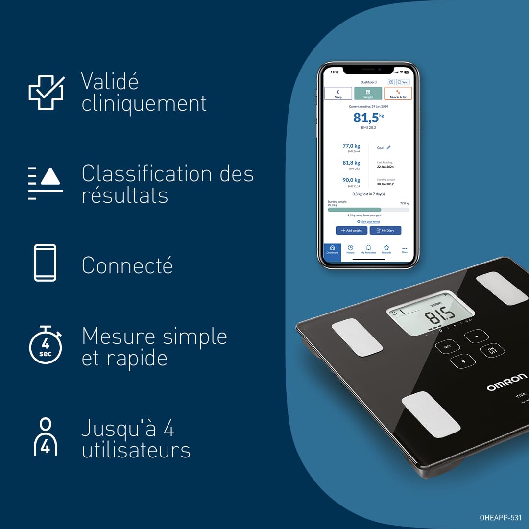 OMRON VIVA, balance pour mesurer poids, graisse viscérale, muscles, métabolisme, IMC avec résultats précis et synchronisation Bluetooth via l'application OMRON Connect