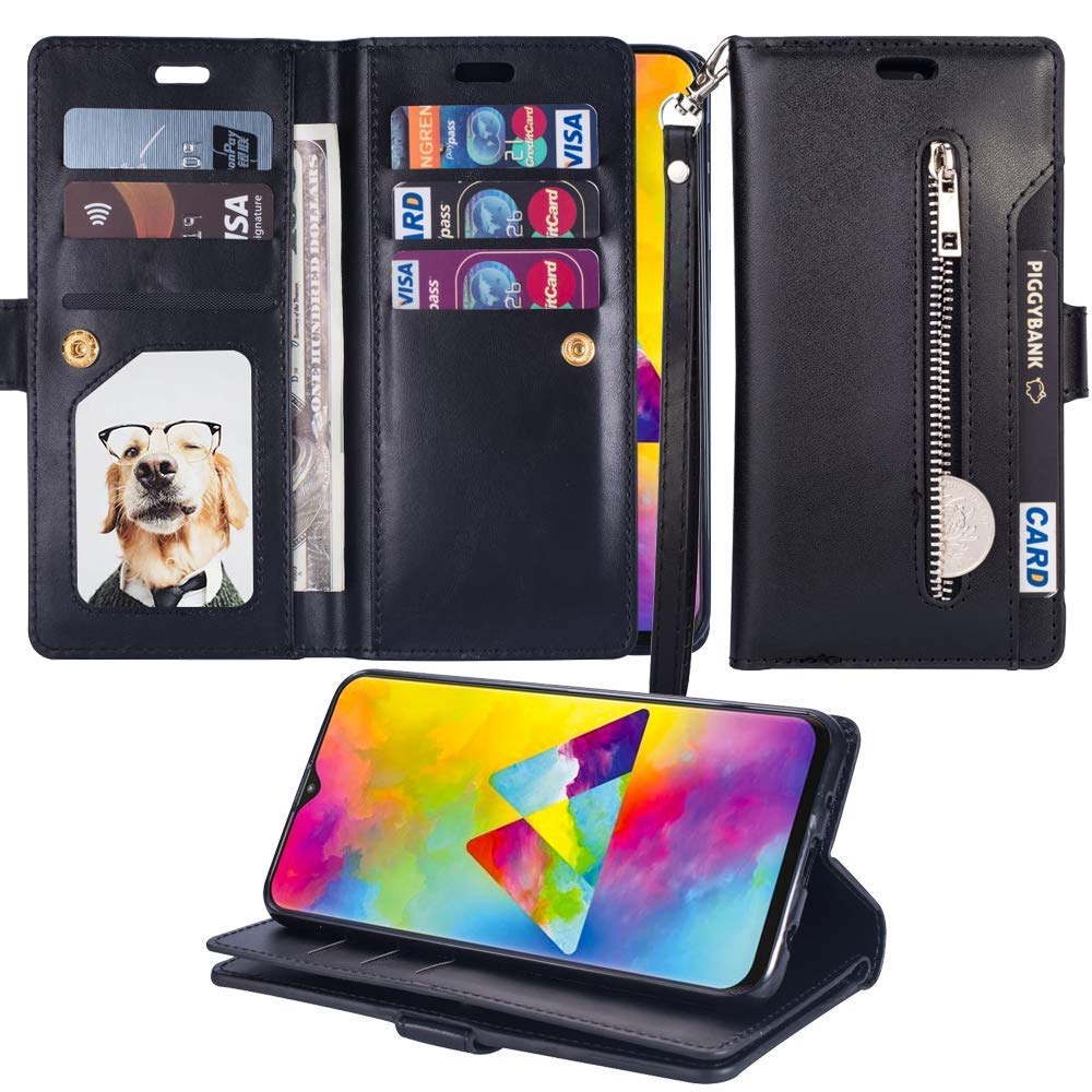 L-FADNUT Case For Samsung Galaxy A20e/A10e Zipper Wallet Case Luxury PU Leather Flip Case Dual Folio Card Holder Soft TPU Inner Wrist Strap Magnetic Stand Case Cover For Samsung Galaxy A20e/A10e Black