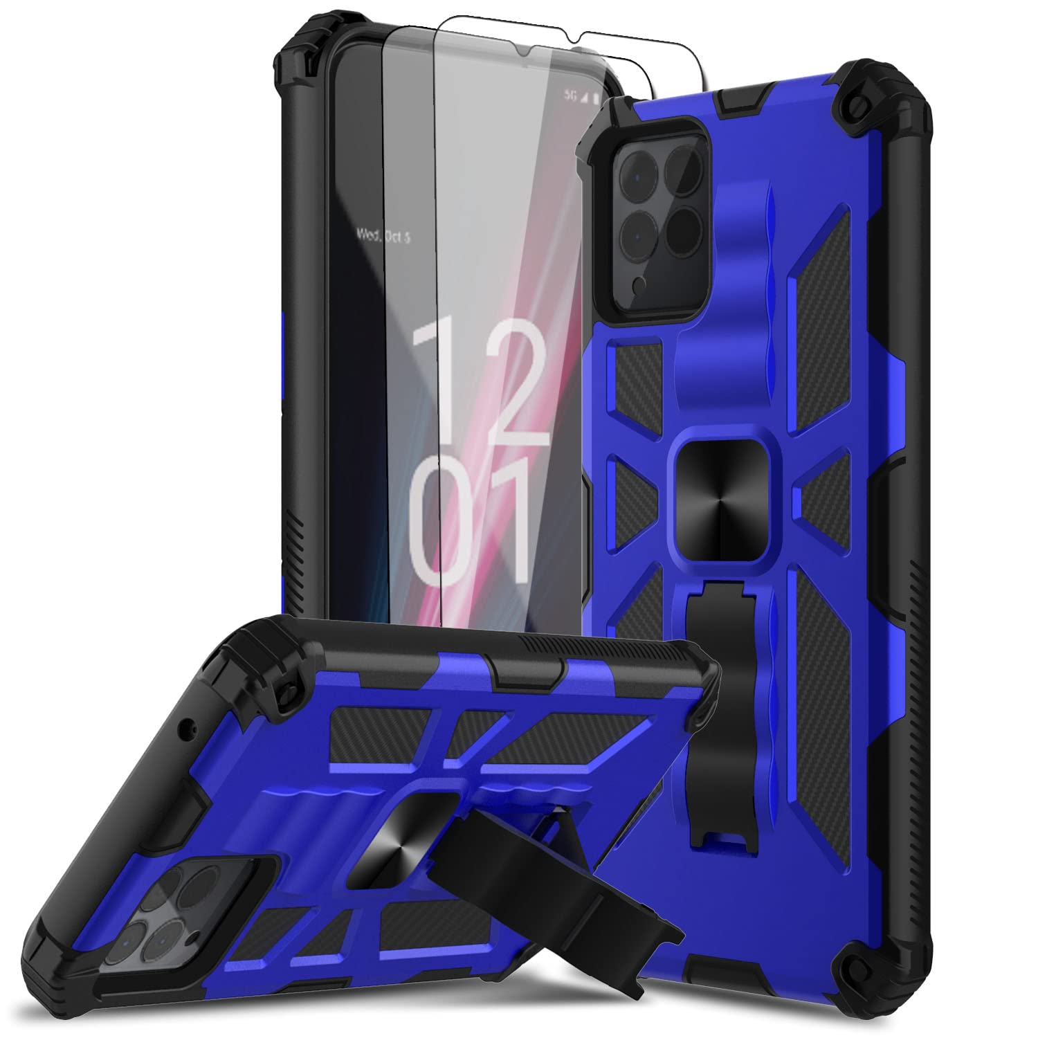 Leptech for T-Mobile Revvl 6 Pro 5G Phone Case with 2 Packs Tempered Glass Screen Protector, Dual Layers Shockproof Protective Cell Phone Cover with Kickstand for T-Mobile Revvl 6 Pro (Blue)