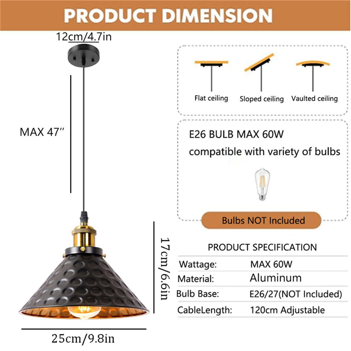 Lampada A Sospensione Vintage In Stile Rustico Con Paralume Nero
