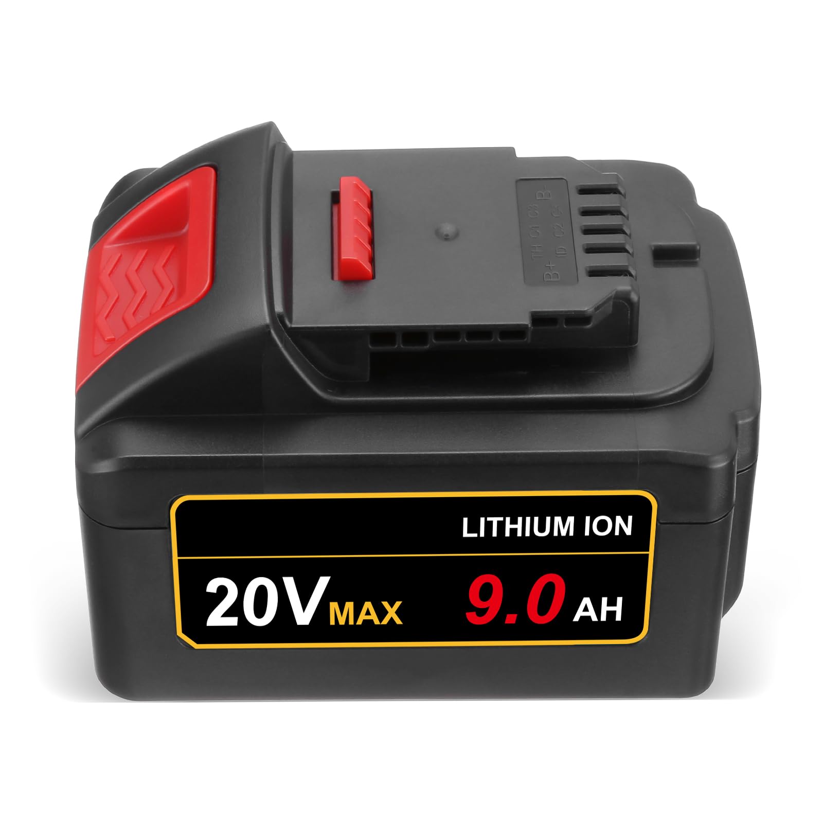 FirstPower Pro 9.0Ah DCB200 battery with dimensions labeled: 5.1 inches length, 3.2 inches width, 2.6 inches height. Also shows 20V, 9000mAh, 21700 Li-ion, 2.0LB.