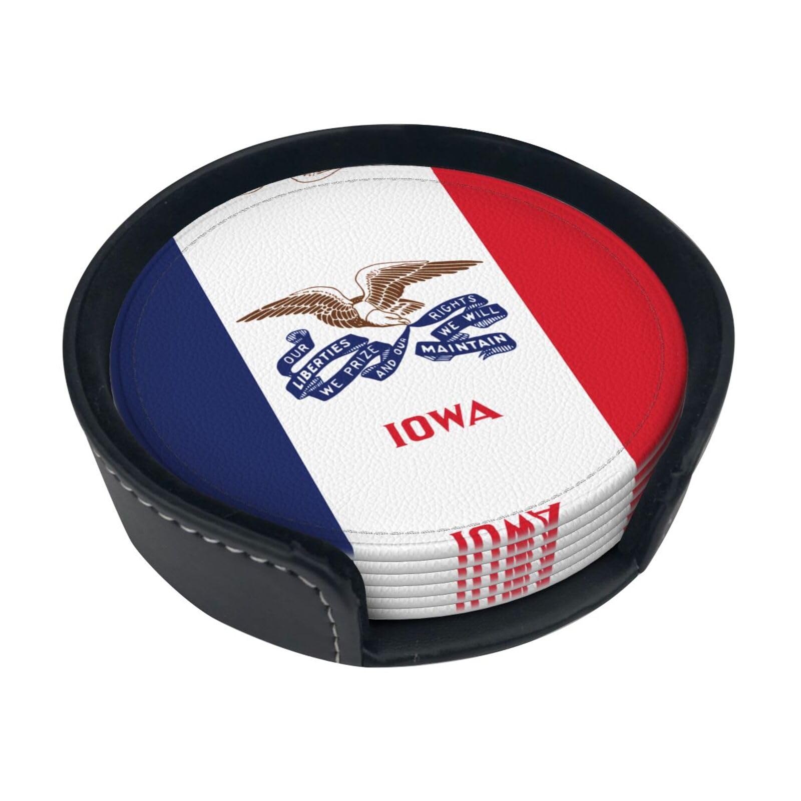 Iowa State Flag Printed Coaster Set, with Holders, 6 Pieces. Suitable for Dining Tables, Kitchen Decor, and Coffee Tables.