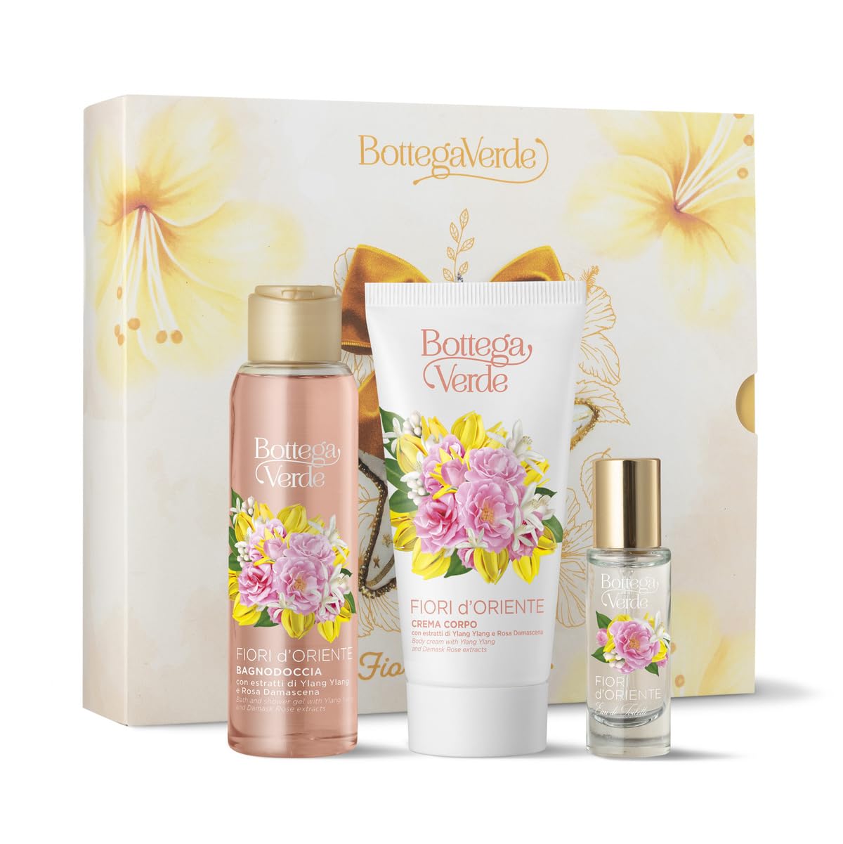 Bottega Verde - Cofanetto Regalo Fiori d’Oriente, Bagnodoccia 100 ml, Crema Corpo 100 ml e Eau de Toilette 10 ml, Fragranza Ylang Ylang e Rosa Damascena, Idea Regalo