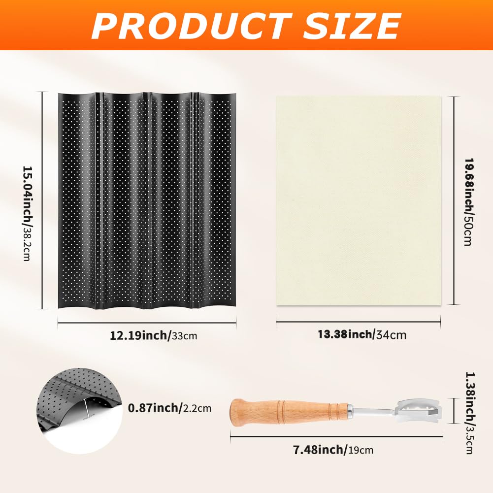Juego de moldes para hornear baguette francés, 4 moldes perforados con paño de prueba y cortador de masa, kit completo de herramientas antiadherentes para hornear pan casero, pan italiano, 15 x