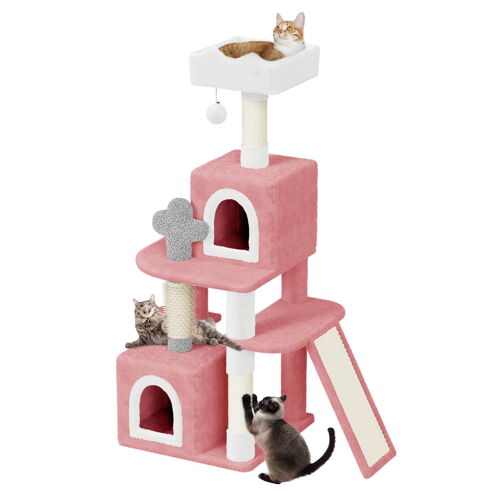 Dogat Large Cat Tree, 52 inch Tall Cat Climbing Tower Cratching Posts with Dangling Ball, Condos & Ladder, Cute Multilevel Climbing House with Sisal Scratching Post & Cat Bed for Indoor (Pink)