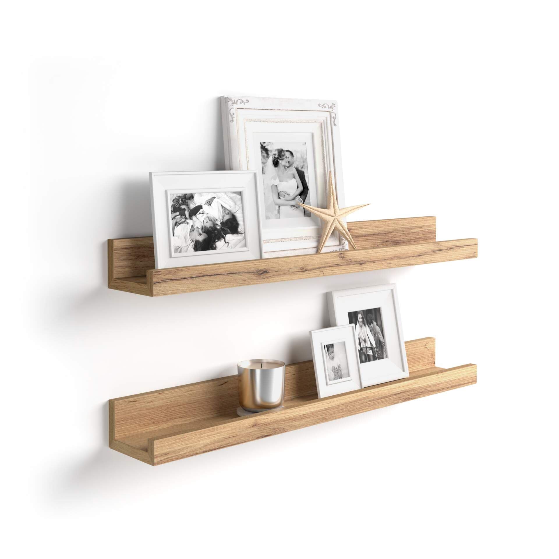GLITZ® Floating Solid Wood Wall Shelf Set of 2 | Wall Mounted Storage Shelves | Picture Ledge & Photo Frame Holder | Home Office Bedroom Decor | Natural Wood Color