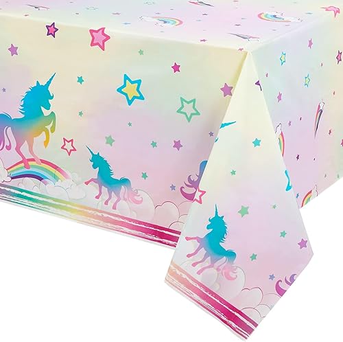 Miniatura 1 de Mantel de fiesta de unicornio, paquete de 2 decoraciones de fiesta de unicornio arcoíris de 108 x 54 pulgadas, mantel desechable de plástico para
