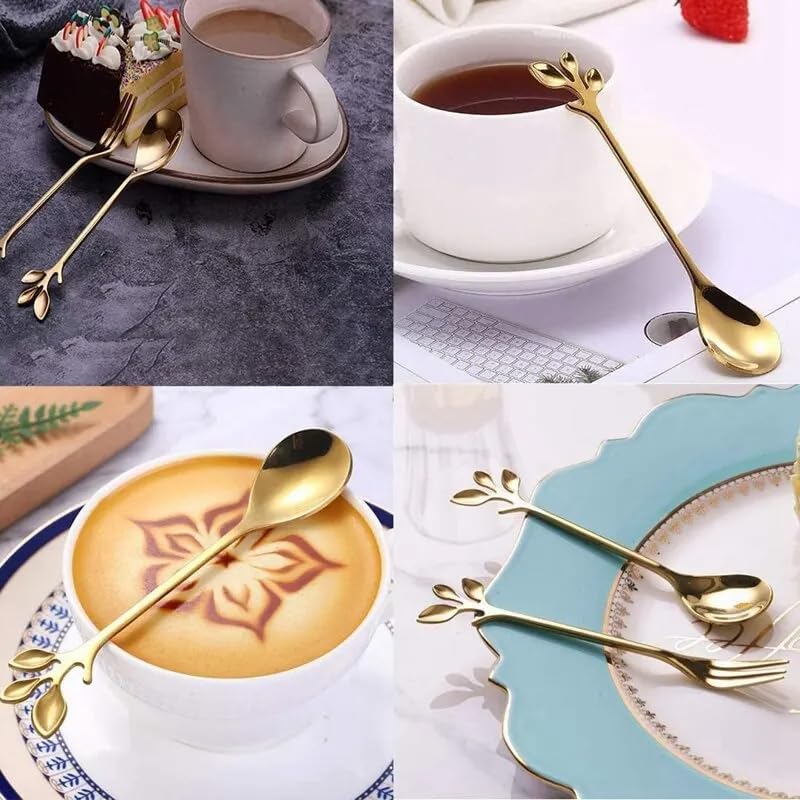 Juego de 6 cucharas doradas de acero inoxidable con personalidad creativa, cuchara de hoja de árbol, cuchara de café, cuchara de té, hogar, restaurante, postre, cubertería, 6 piezas, color dorado