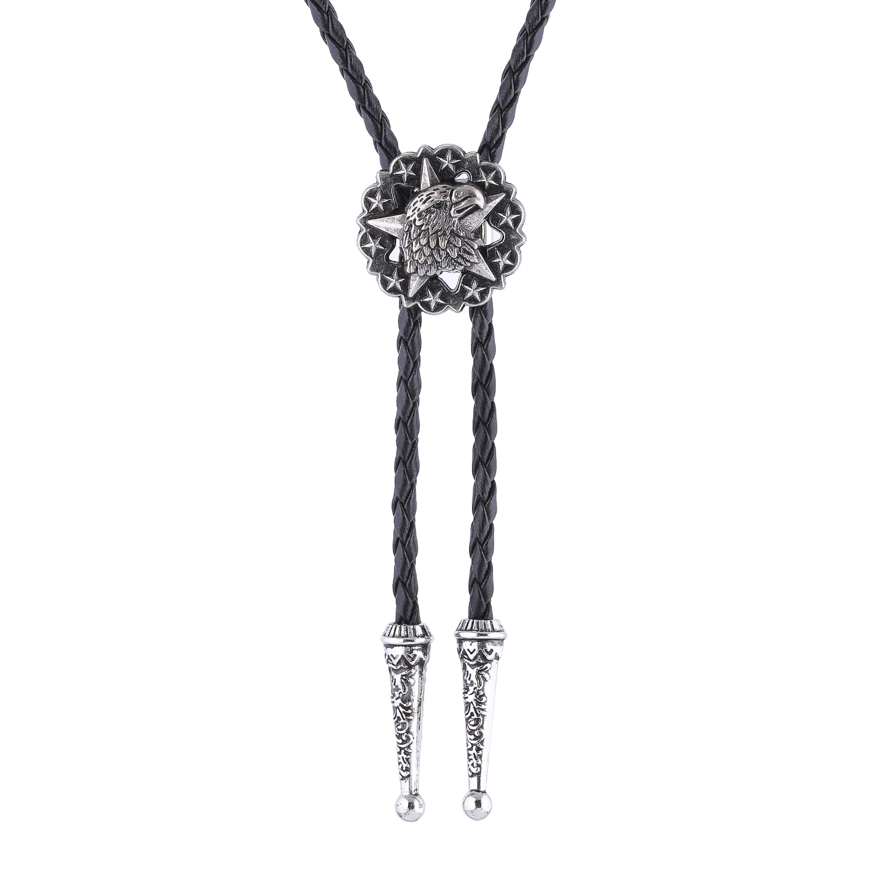 Btilasif Bolo Tie for Men, Vintage Star Eagle Western Cowboy Tie Leather Necklaces Neckties, Western Accessories for Women Men, Silver