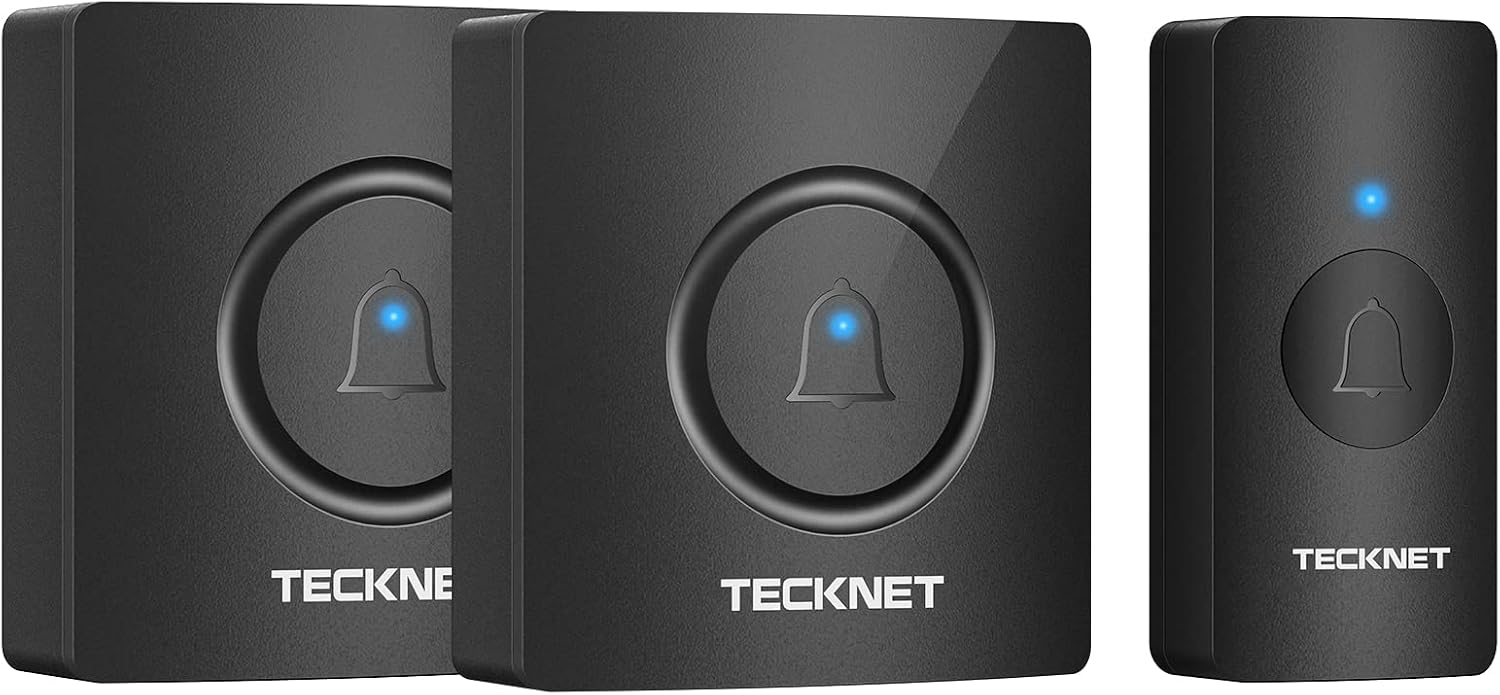 TECKNET Wireless Doorbell, IP65 Waterproof Mini Door Bell Chime Kit, Wireless Doorbells for Home Operating at 1300ft with 2 Plug-In Receivers 60 Chimes, 5 Volume Levels & LED Flashing (Dark Black)