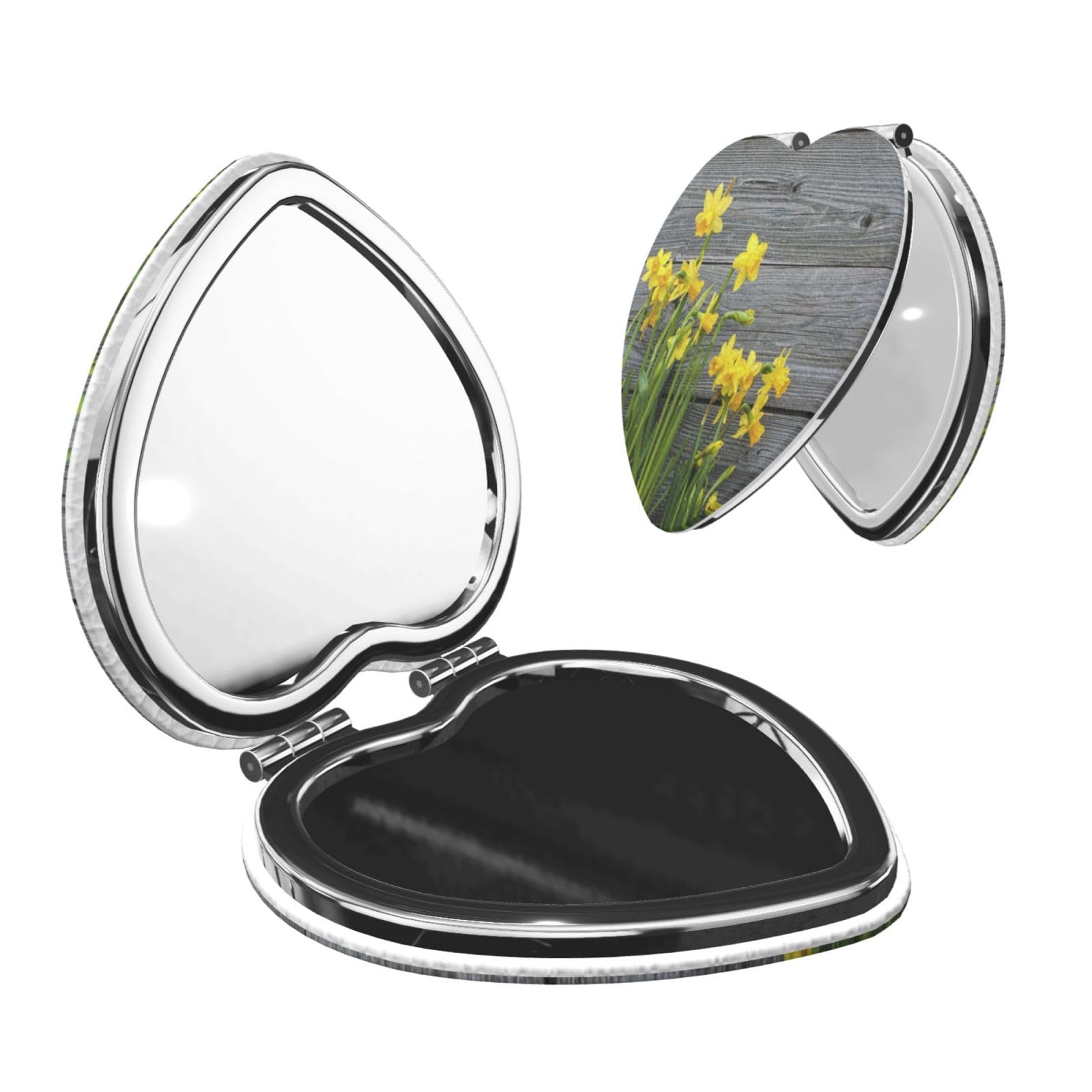Wxwjshmgc Heart Shape Bouquet Of Daffodils Print Compact Makeup Mirror, Portable Pocket Mirror With 1X/2X Magnification,Travel Folding Vanity Makeup Mirrors For Purse