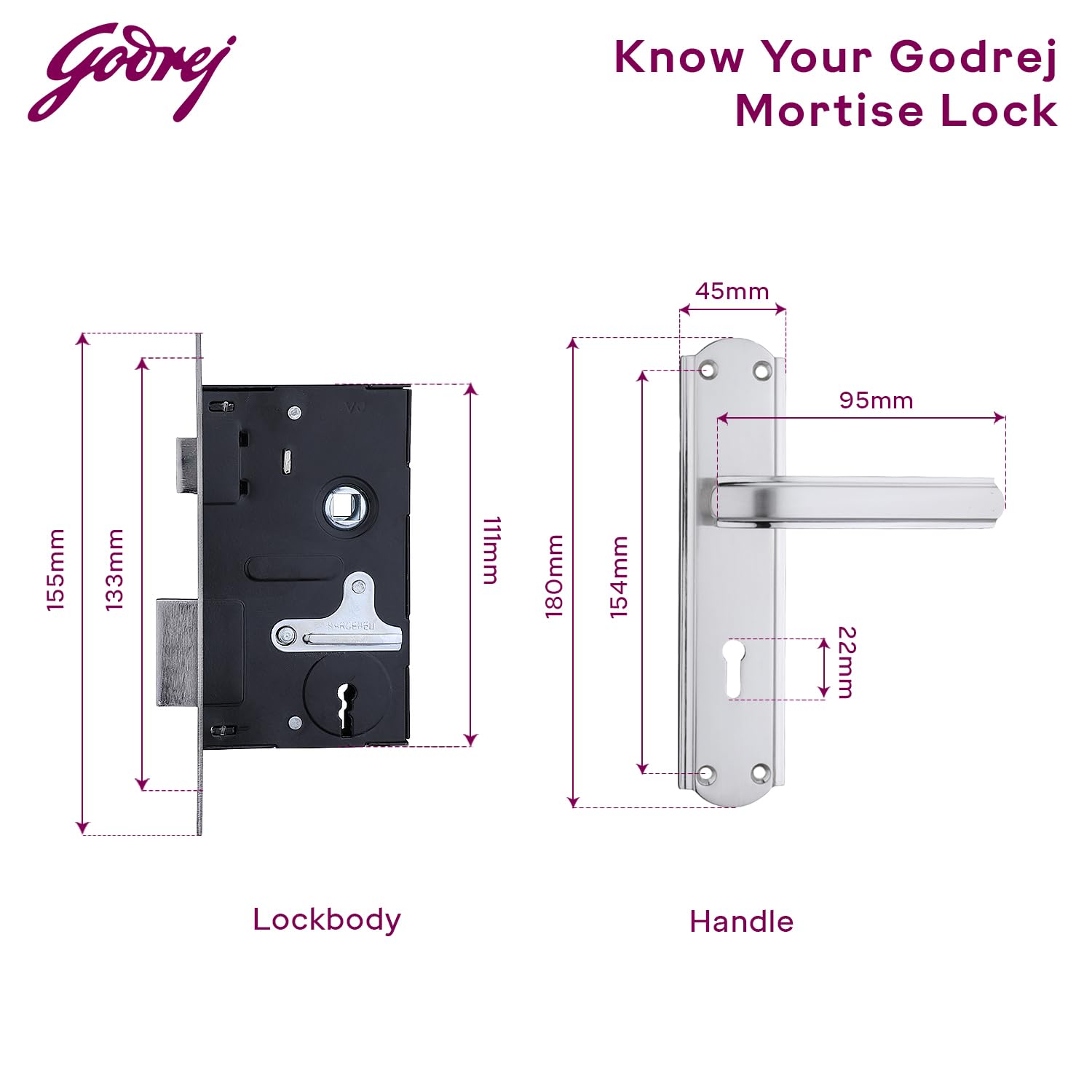 Godrej Mortise Door Lock Handle Set | 180mm Stella | 6-Lever Locking Mechanism | Reversible Latchbolt | Suitable for Left & Right Handed Doors (Satin Steel Finish) | 1 Year Warranty — Amazon image 7