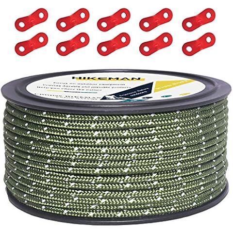 Hikeman 50m Reflective Guyline Solid Braid Nylon Camping Rope with Aluminum Adjuster Cord Tensioner Tent Accessory for Outdoor Travel,Hiking,Backpacking and Water Activities (Army Green, 5mm) Cover