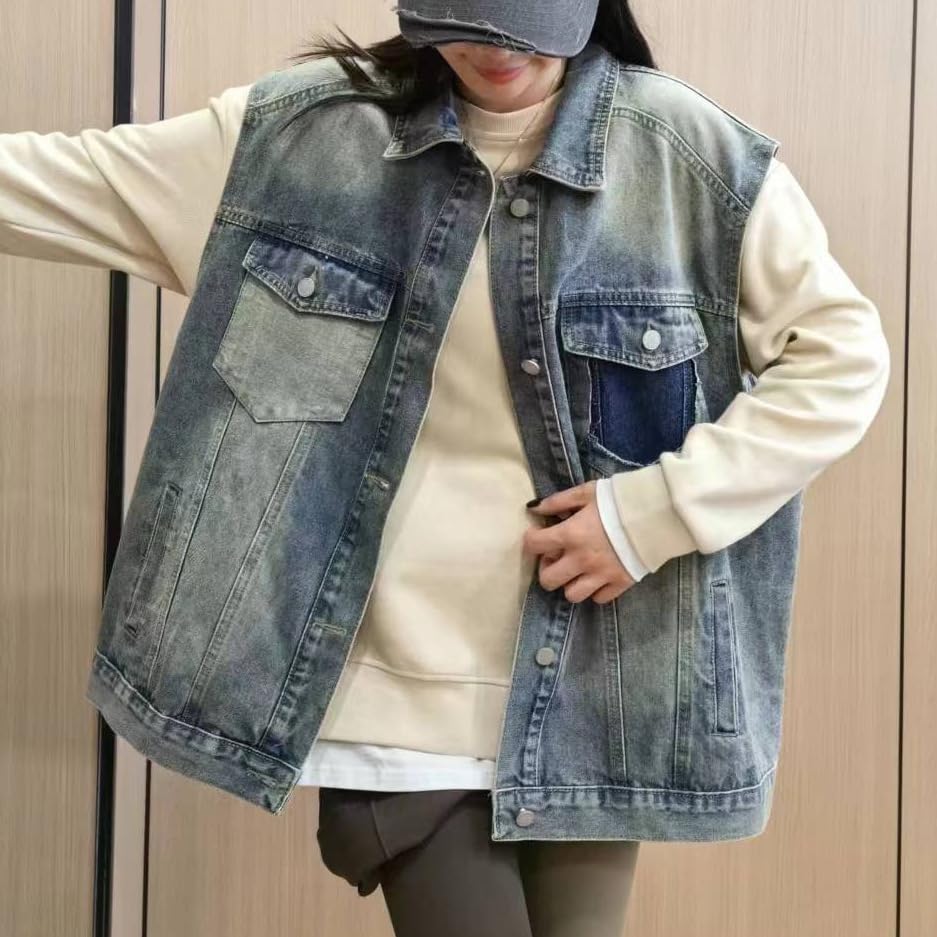 EMMIOL Fall Denim Vest Y2k Women, 2025 Jean Vest Top Distressed Vintage, Waistcoat Sleeveless Jacket Oversized Contrast Panel4