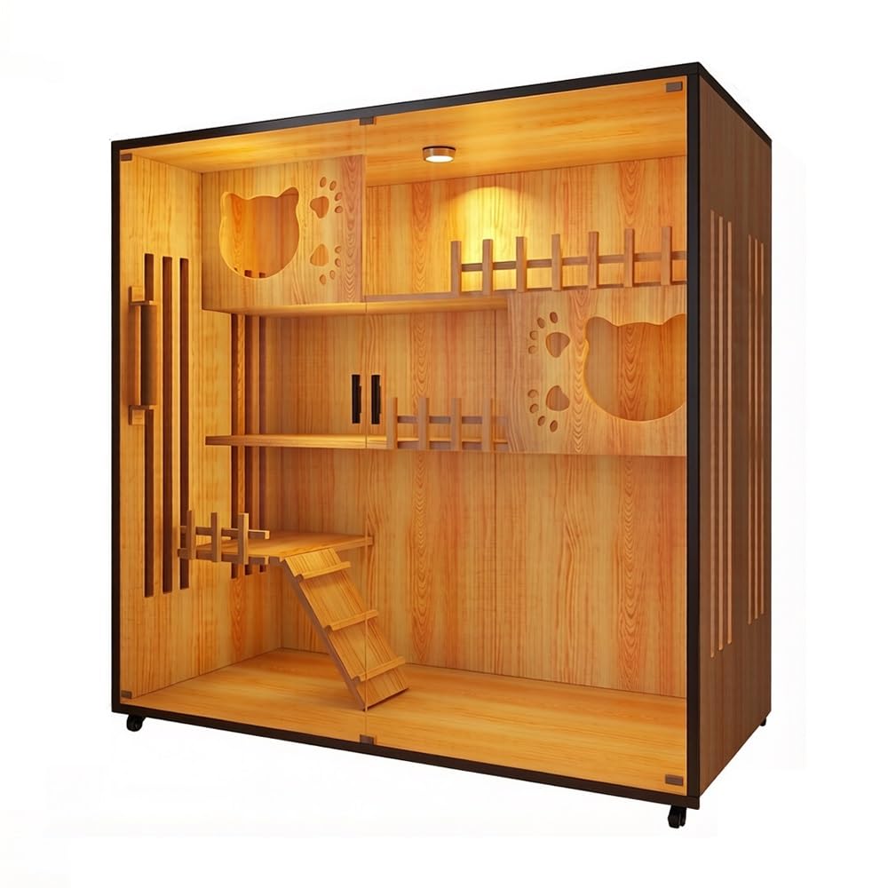 villa per gatti Recinto for gatti grande in legno con luce LED e ruote Per interni(Piccolo)