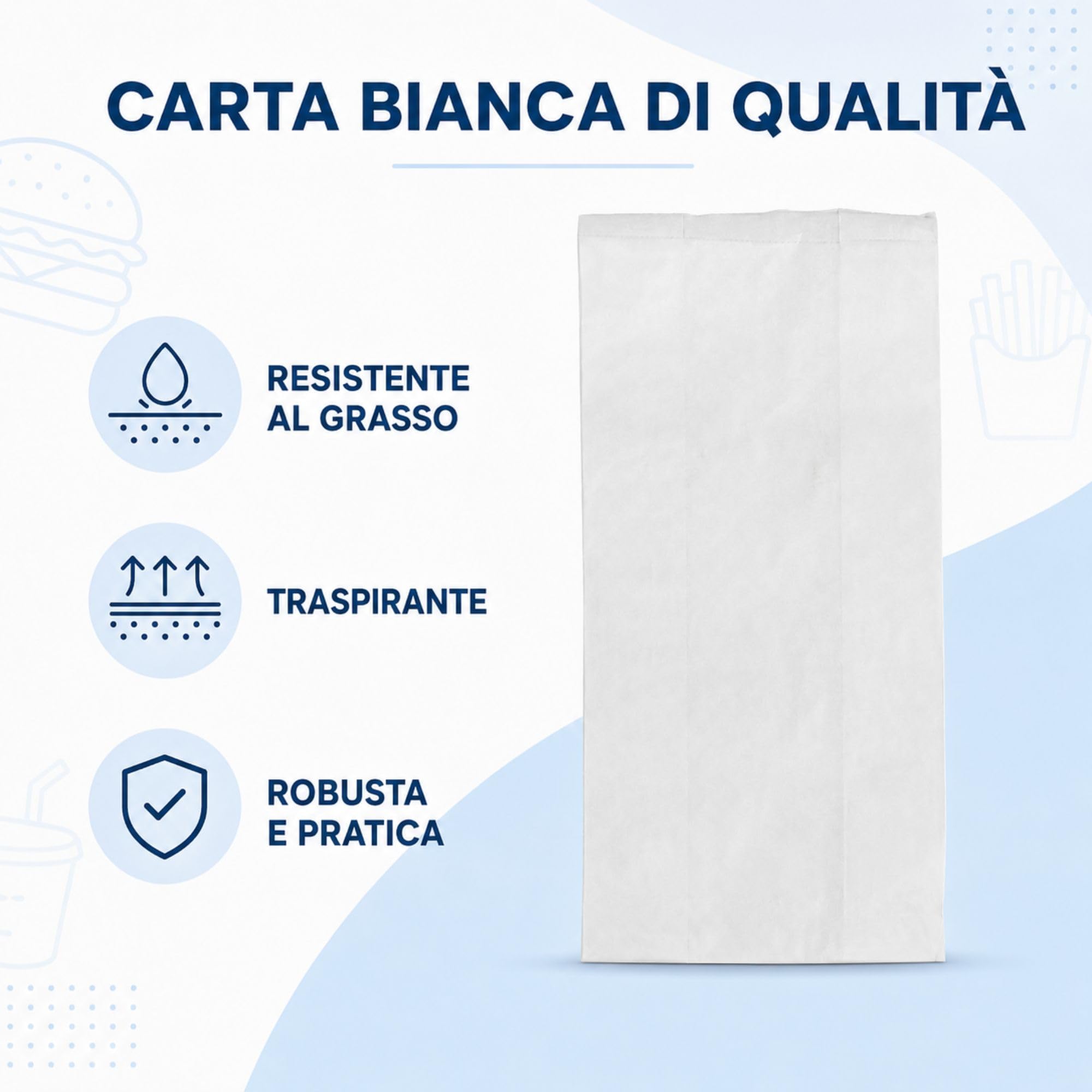Sacchetti Asporto per Alimenti in Carta, Sacchetti Professionali per Pane, Gastronomia, Panifici e Take Away, Confezione da 1000 Pezzi, Colore Bianco Misure 170 x 340 mm