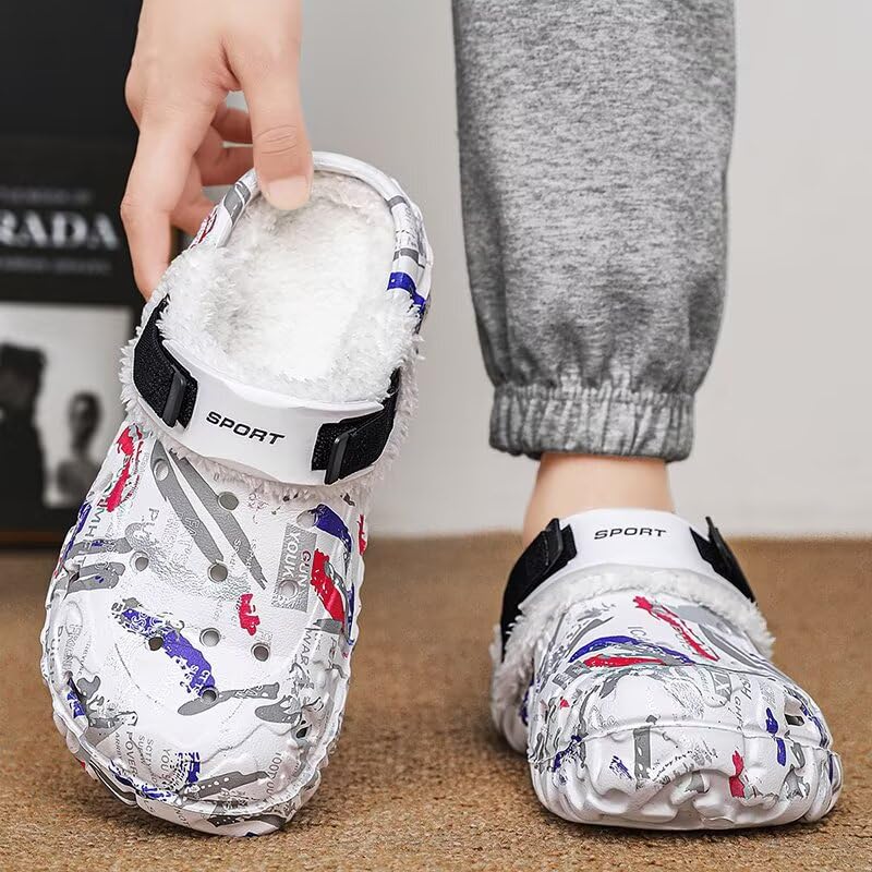 Image of Men's Graphic Fuzzy Lined Clogs Winter Slip On Shoes