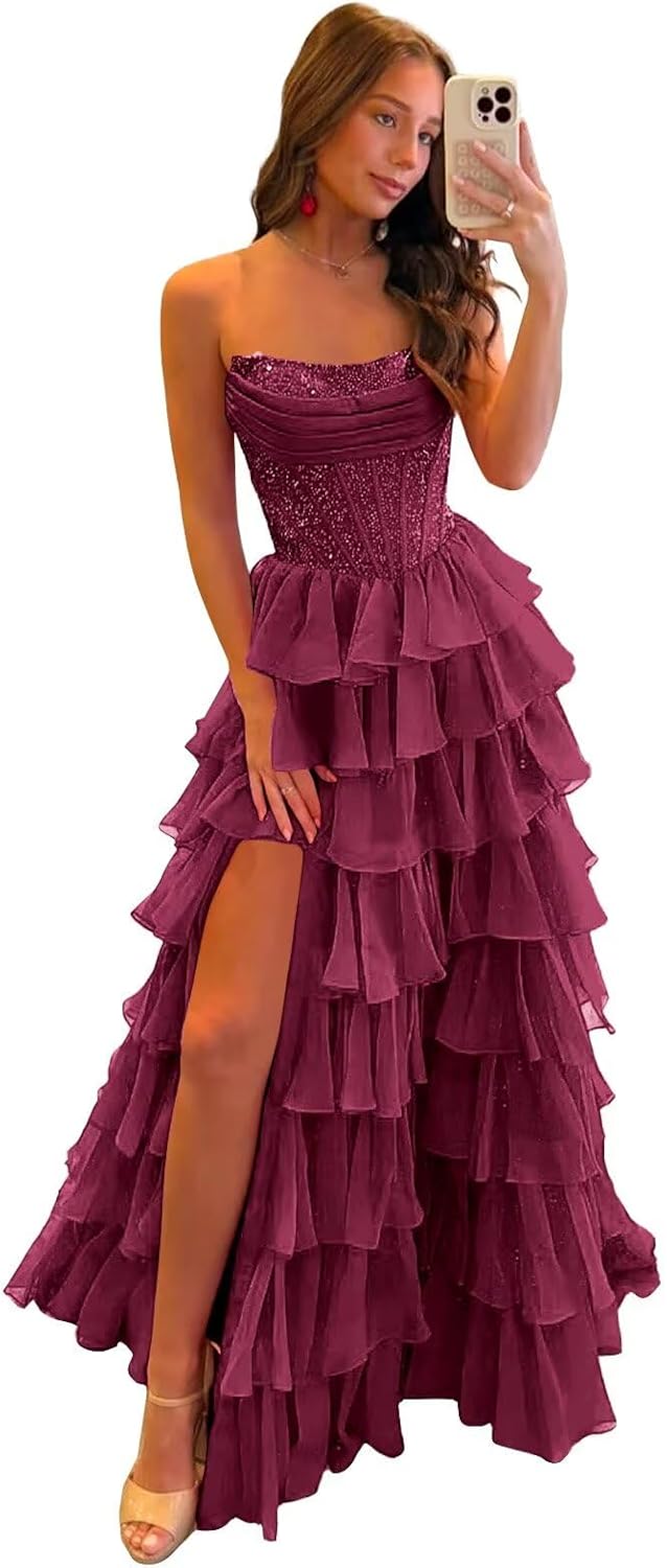Tiered Chiffon Prom Dresses for Women 2026 Strapless Long Formal Dress A Line Sparkly Ball Gown