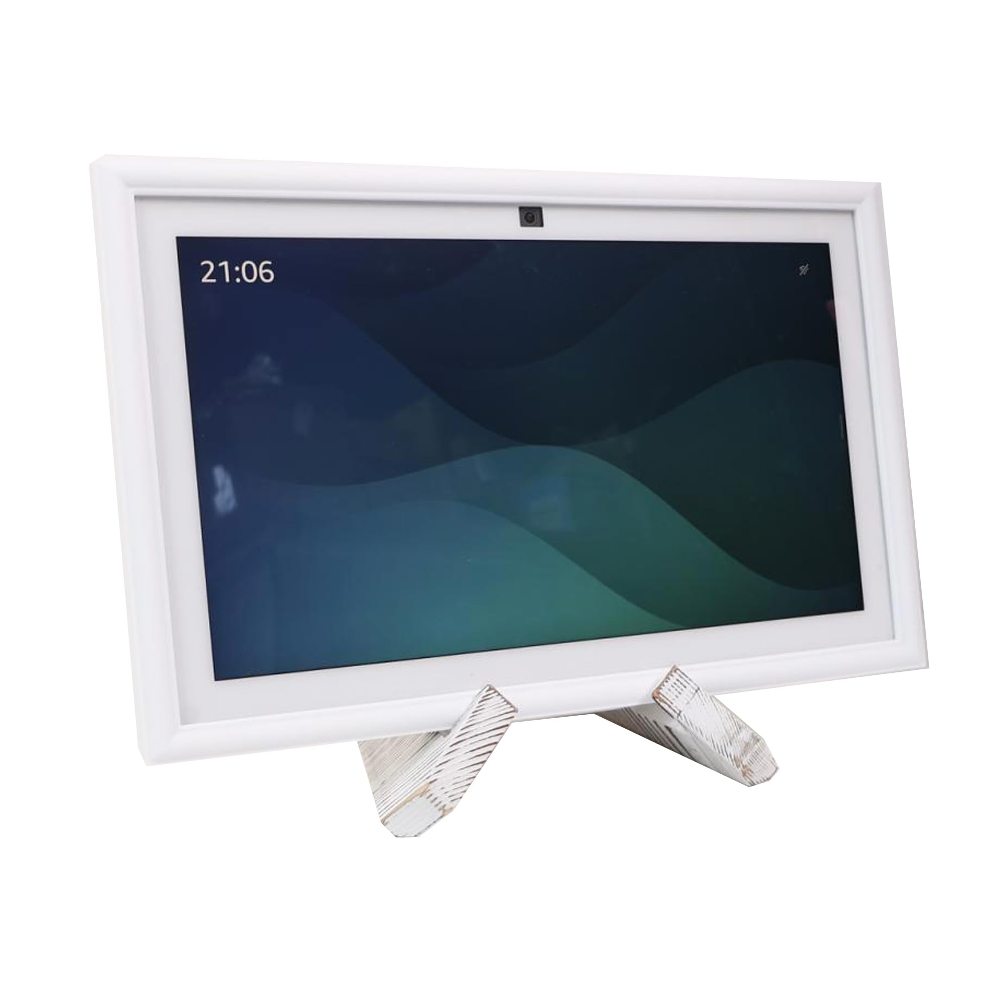 Cornice portafoto digitale in legno massiccio, supporto da tavolo, colore: bianco | Compatibile con monitor e tablet, supporto per libri di cucina, espositore, cornice decorativa