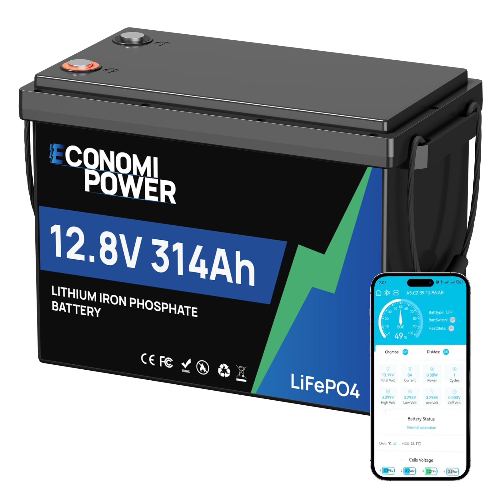 Batteria al litio LiFePO4 da 12 V 314 Ah (300 Ah), BMS intelligente da 200 A con monitoraggio app e oltre 15.000 cicli, alimentazione compatta e affidabile per camper, solare, off-grid e