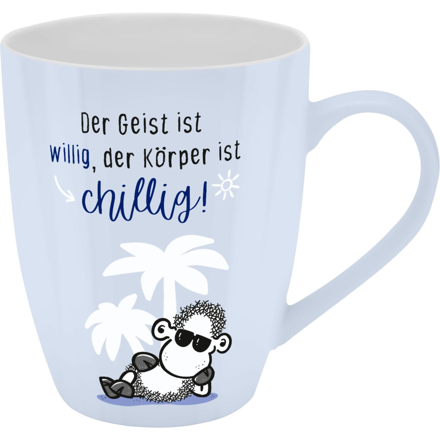 Sheepworld Mug with Motif Print 'Der Geist ist willig, der Körper ist chillig!', with Banderole