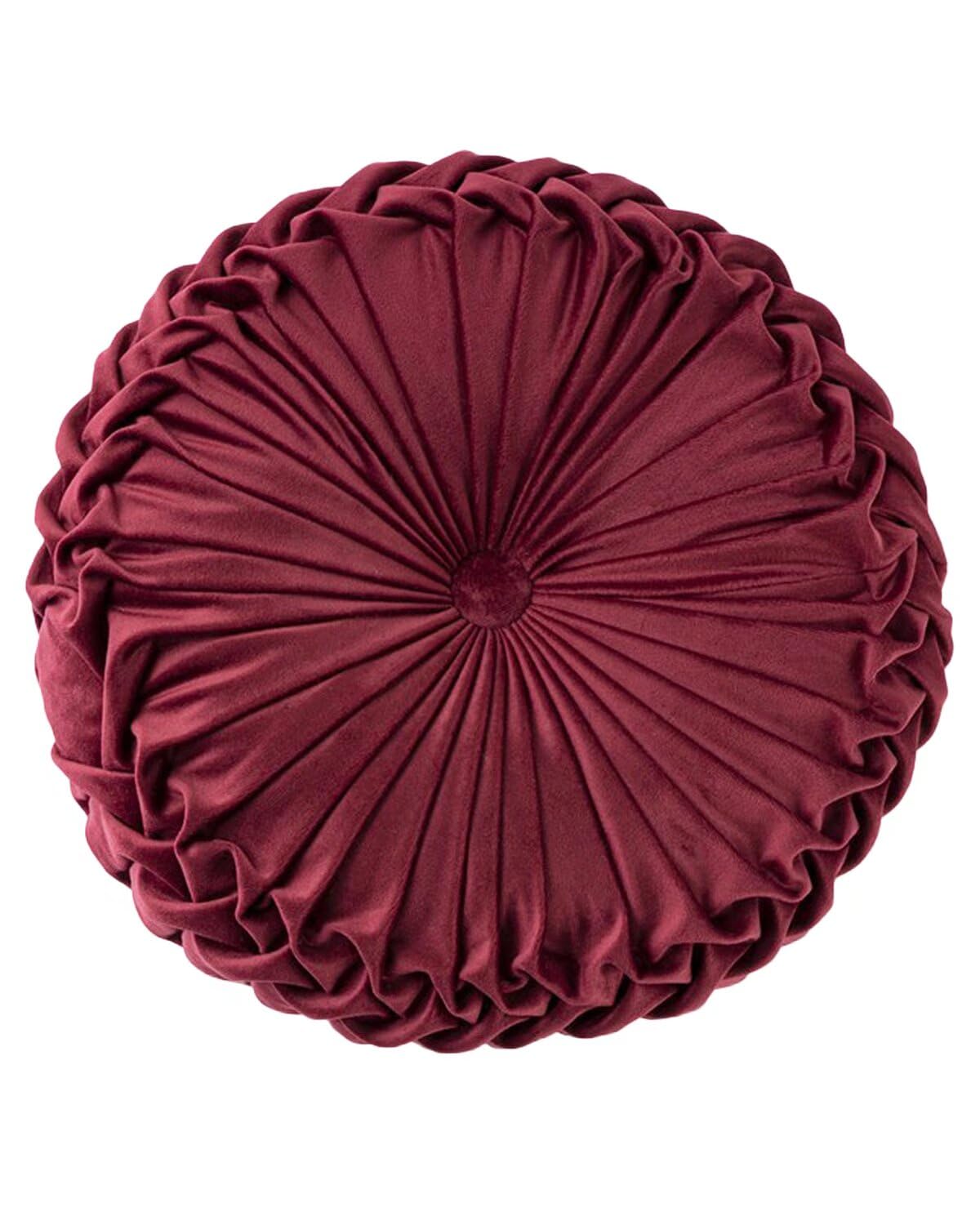 XQ HOUSE Round Velvet Pillow for Couch Small Handmade Decorative Throw Pillow for Bed Bedroom 13.7” Dark Red