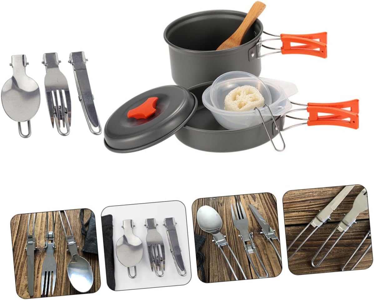 Portable Camping Cooking Pot Set Compact Outdoor Cookware Kit for People Lightweight and Durable for Hiking Picnics and Bbqs Includes of Utensils Orange