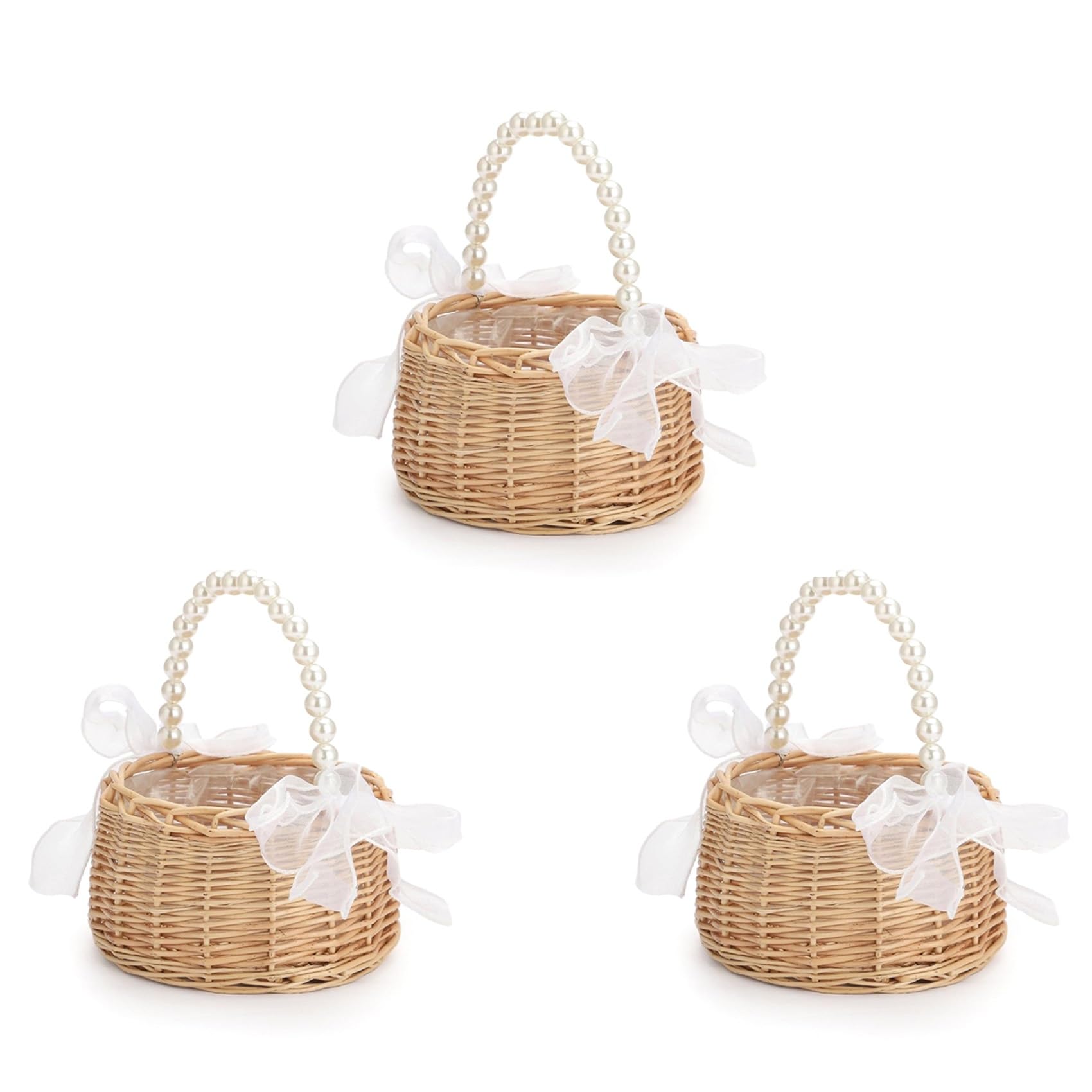 Hndhbfgrt 3X Wicker Flower Girl Basket for Weddings, Rattan Flower Basket Handmade Flower Girl Basket with Handle and Ribbon